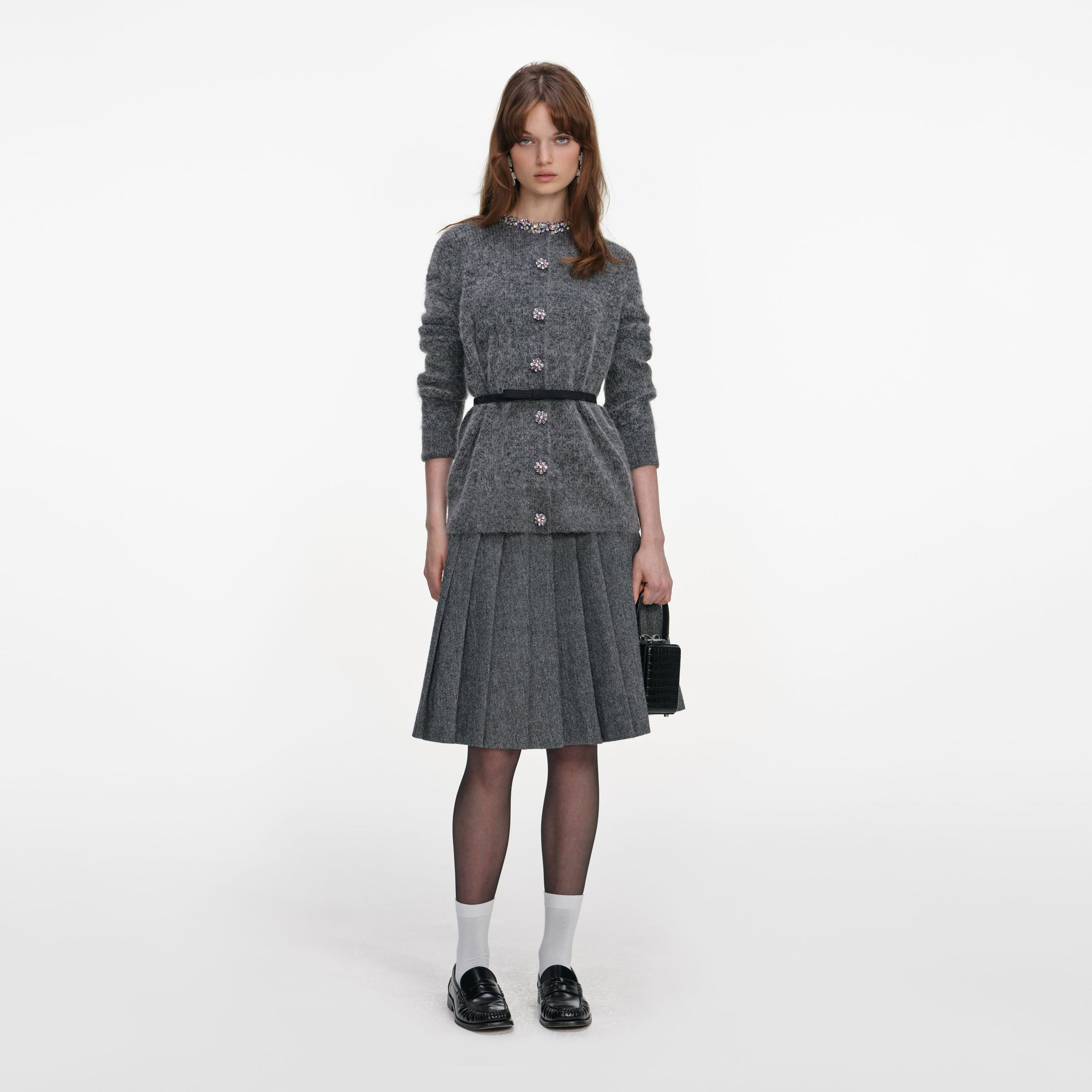 Front view of a woman wearing the Charcoal Crystal Trim Cardigan