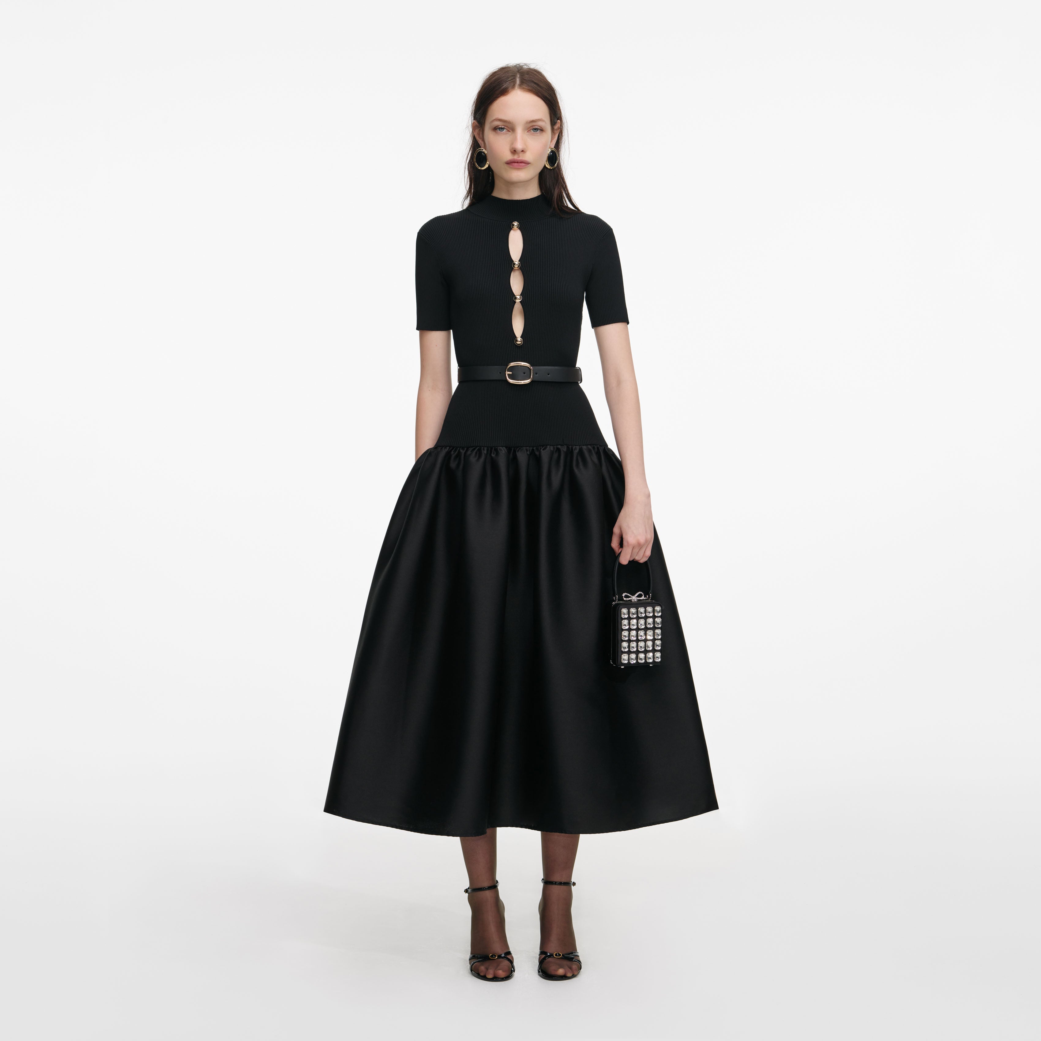 Black Knit Taffeta Midi Dress