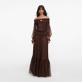 Brown Georgette Off Shoulder Maxi Dress