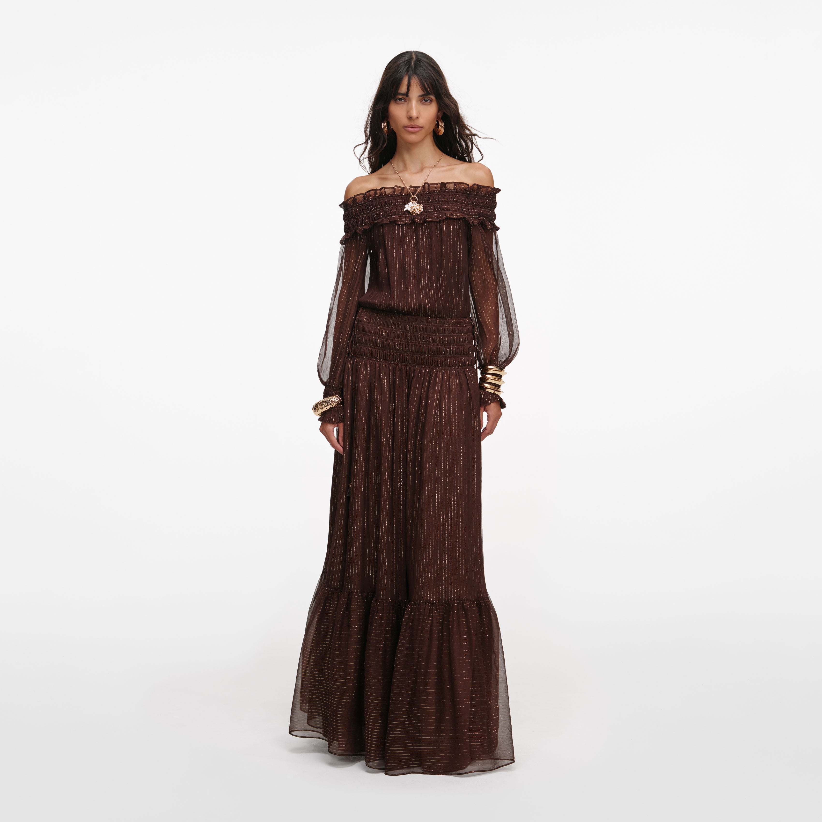 Brown Georgette Off Shoulder Maxi Dress