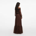 Brown Georgette Off Shoulder Maxi Dress