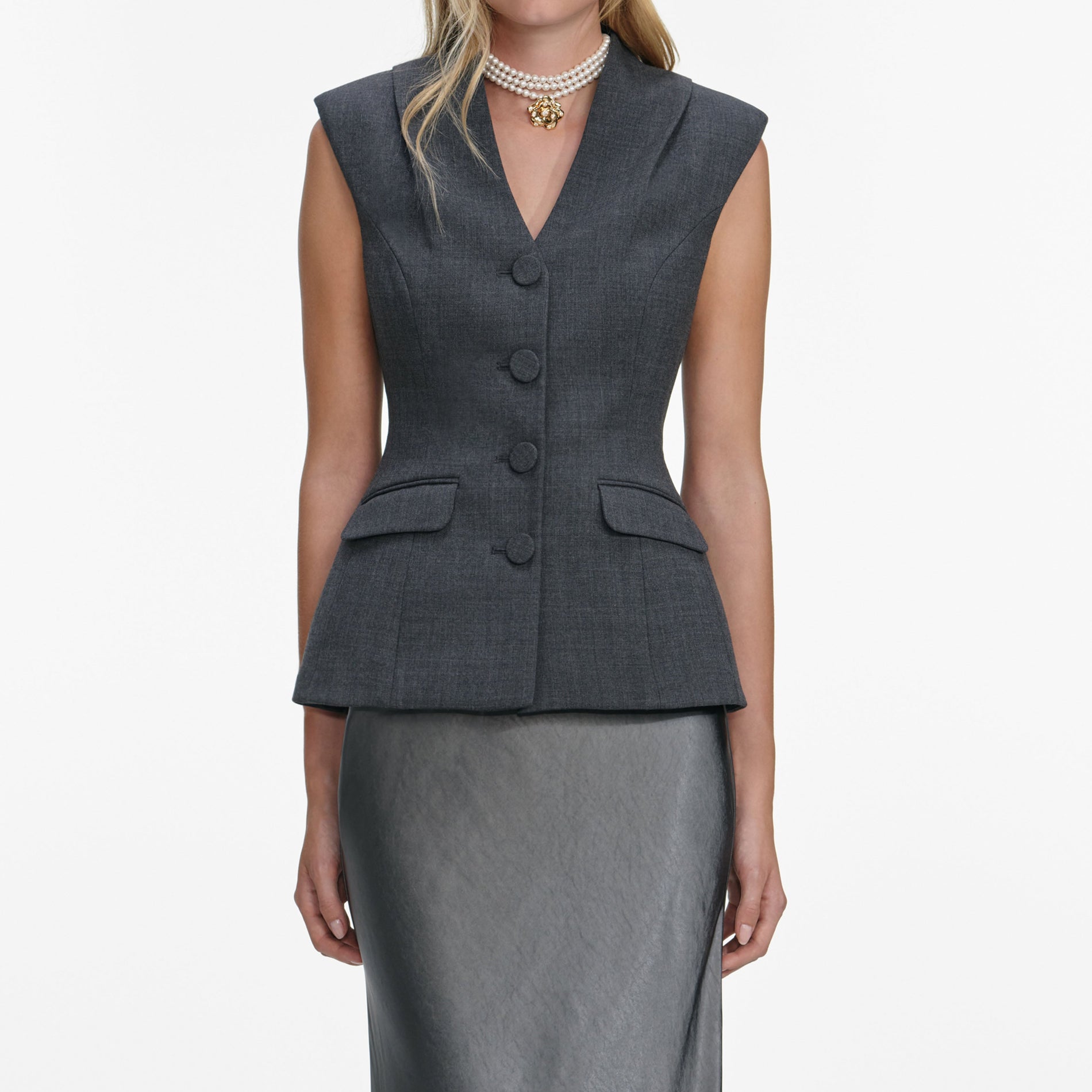 A close up of a woman wearing the Grey Tailored Satin Maxi Dress