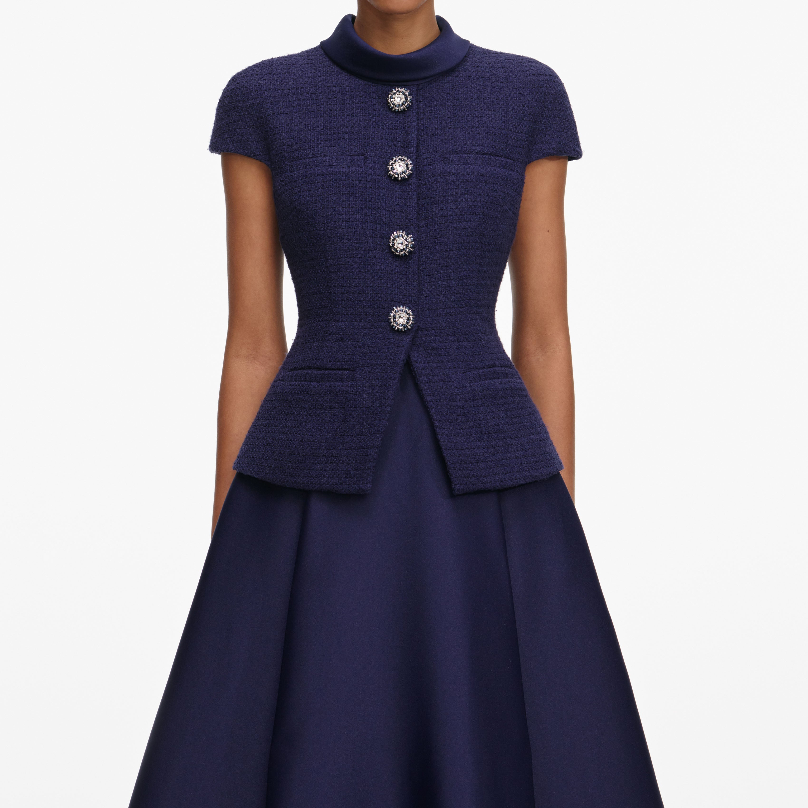 Navy Boucle Taffeta Midi Dress