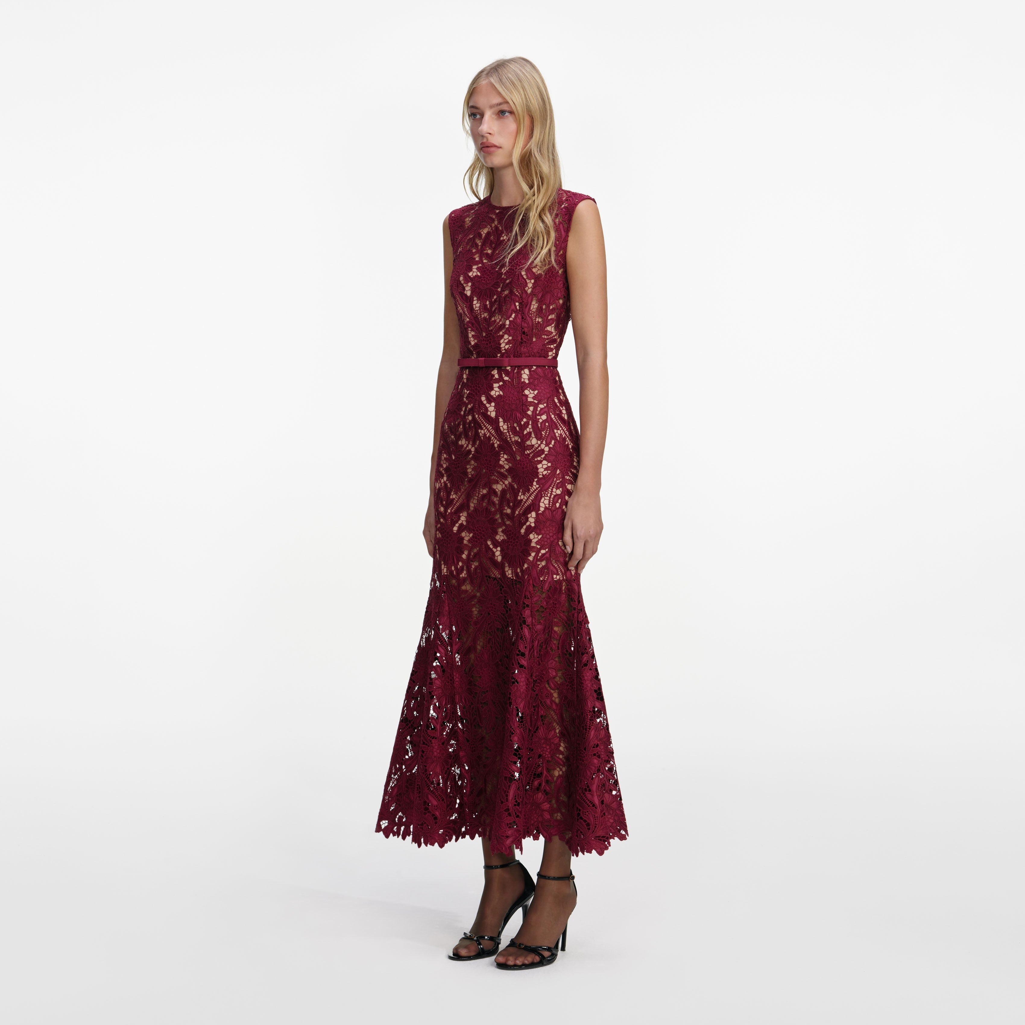 Burgundy Guipure Lace Midi Dress