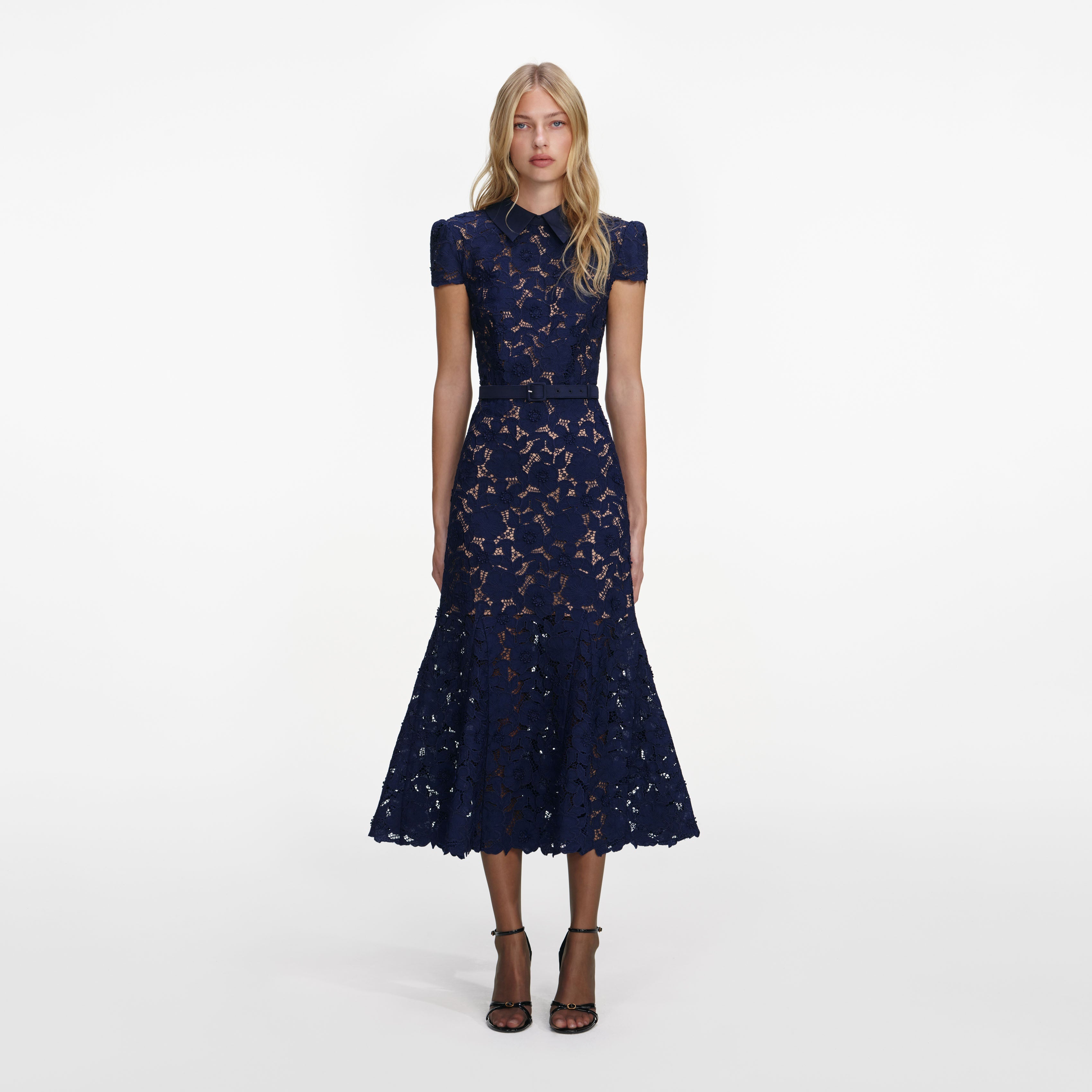 Navy Guipure Lace Midi Dress