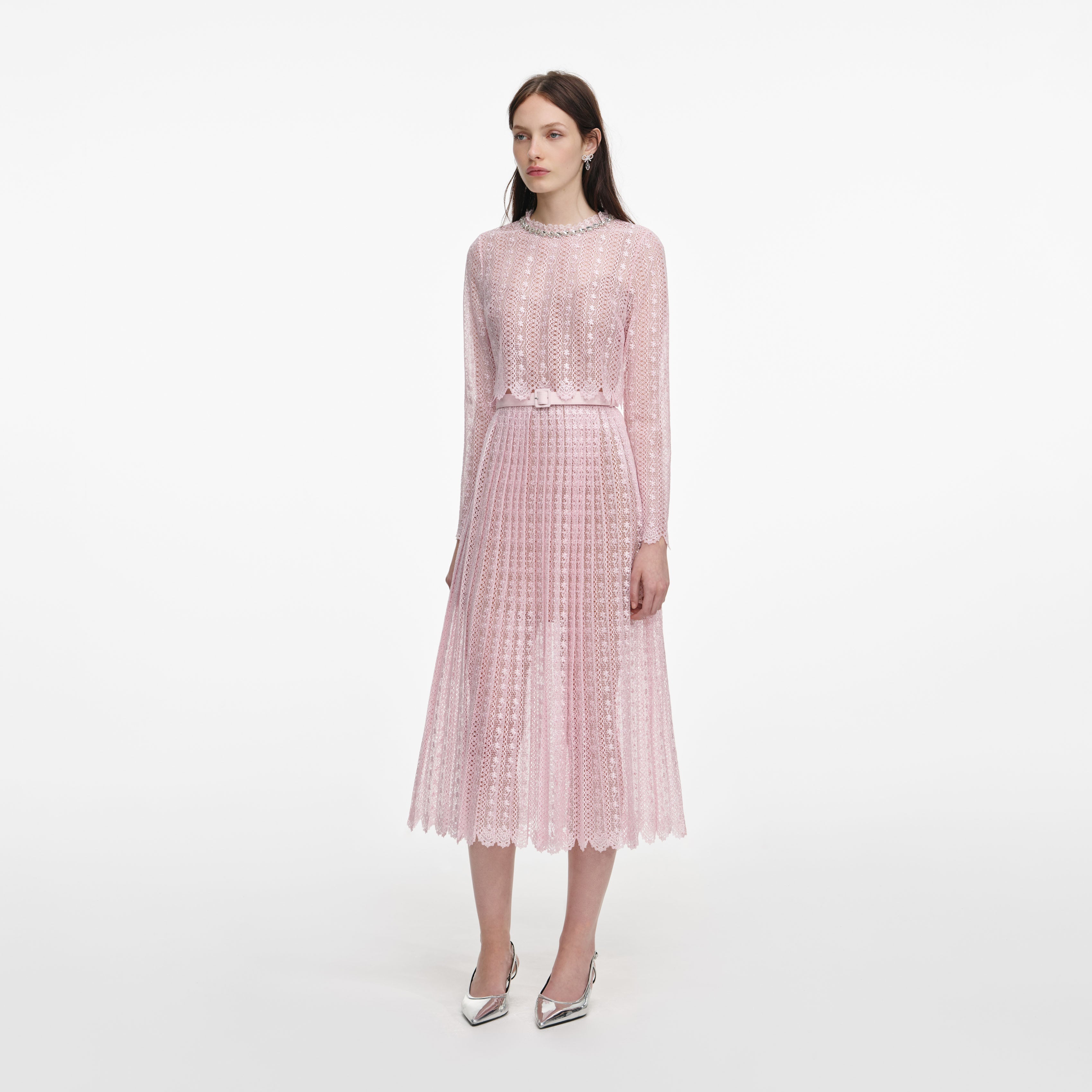 self-portrait ノースリーブロングドレス ピンク UK 6 Pink Organza Lace Midi Dress – self-portrait-EU
