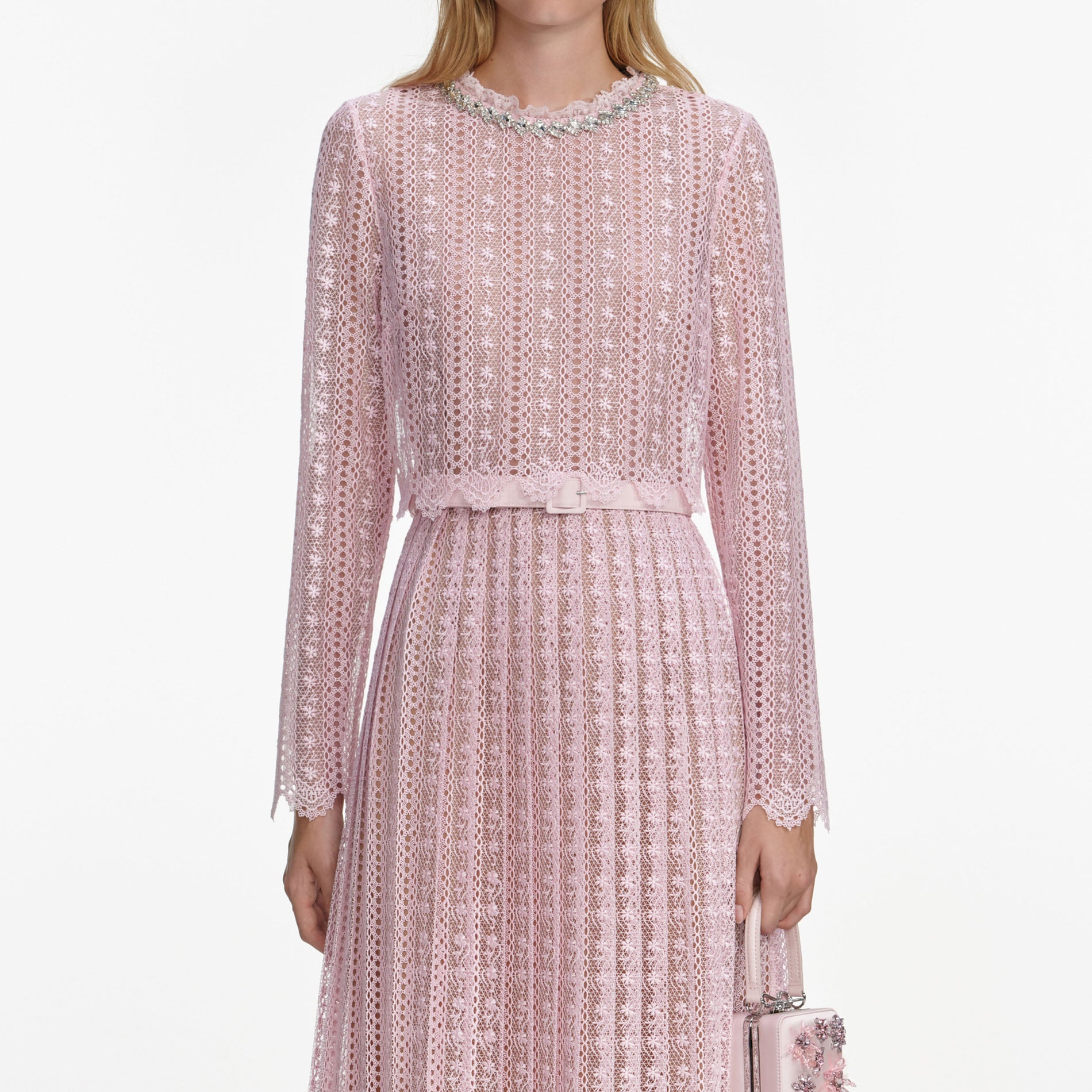 A close up of a woman wearing the Pink Organza Lace Maxi Dress