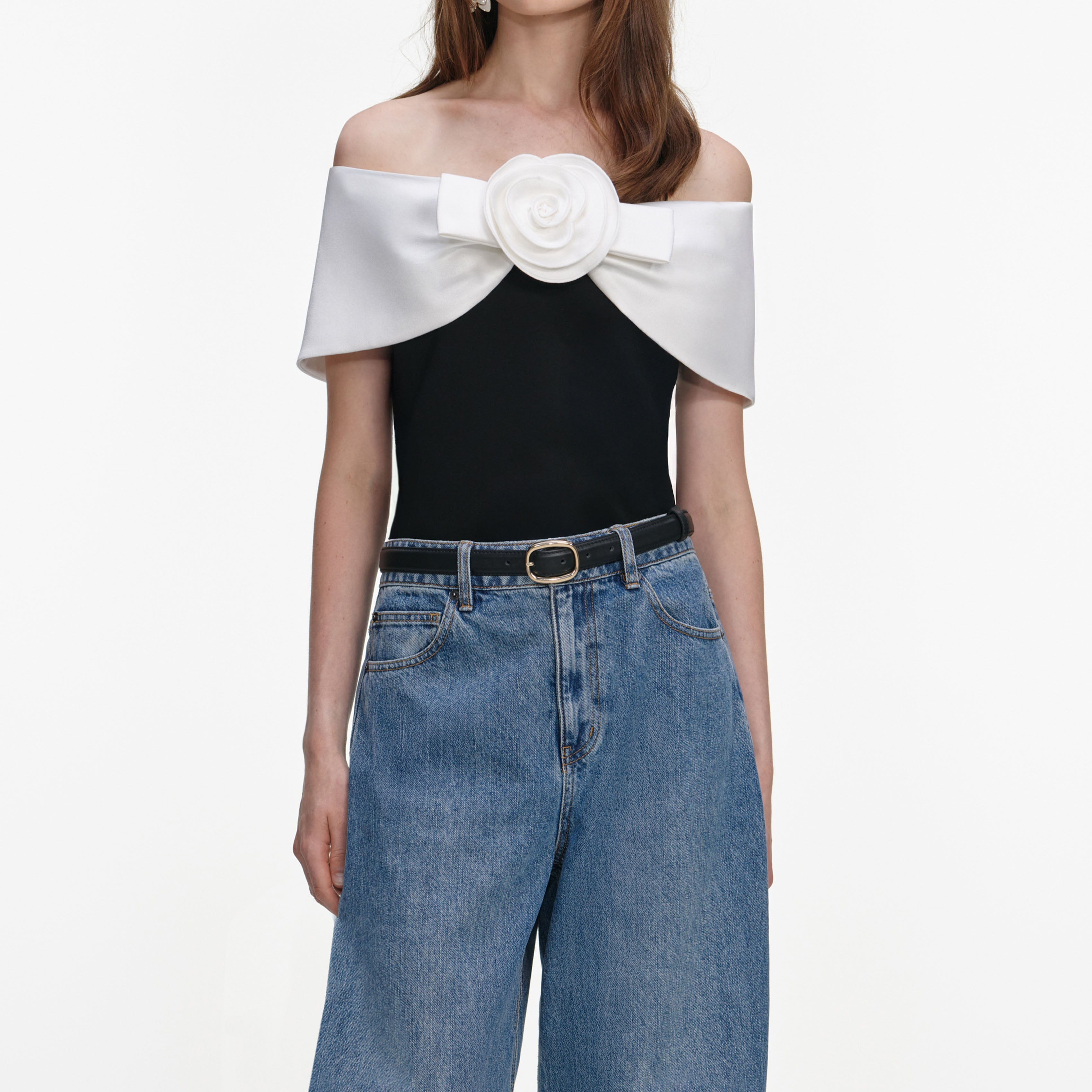 Black Crepe Flower Top