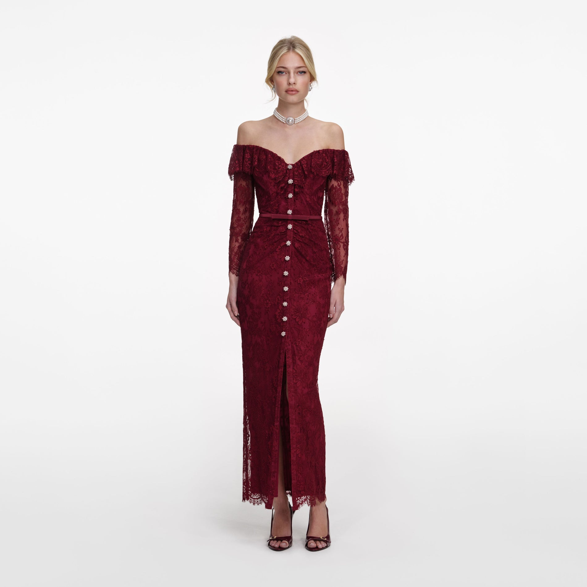 Front view of a woman wearing the Burgundy Off Shoulder Gathered Lace Maxi Dress