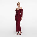 Burgundy Off Shoulder Gathered Lace Maxi Dress