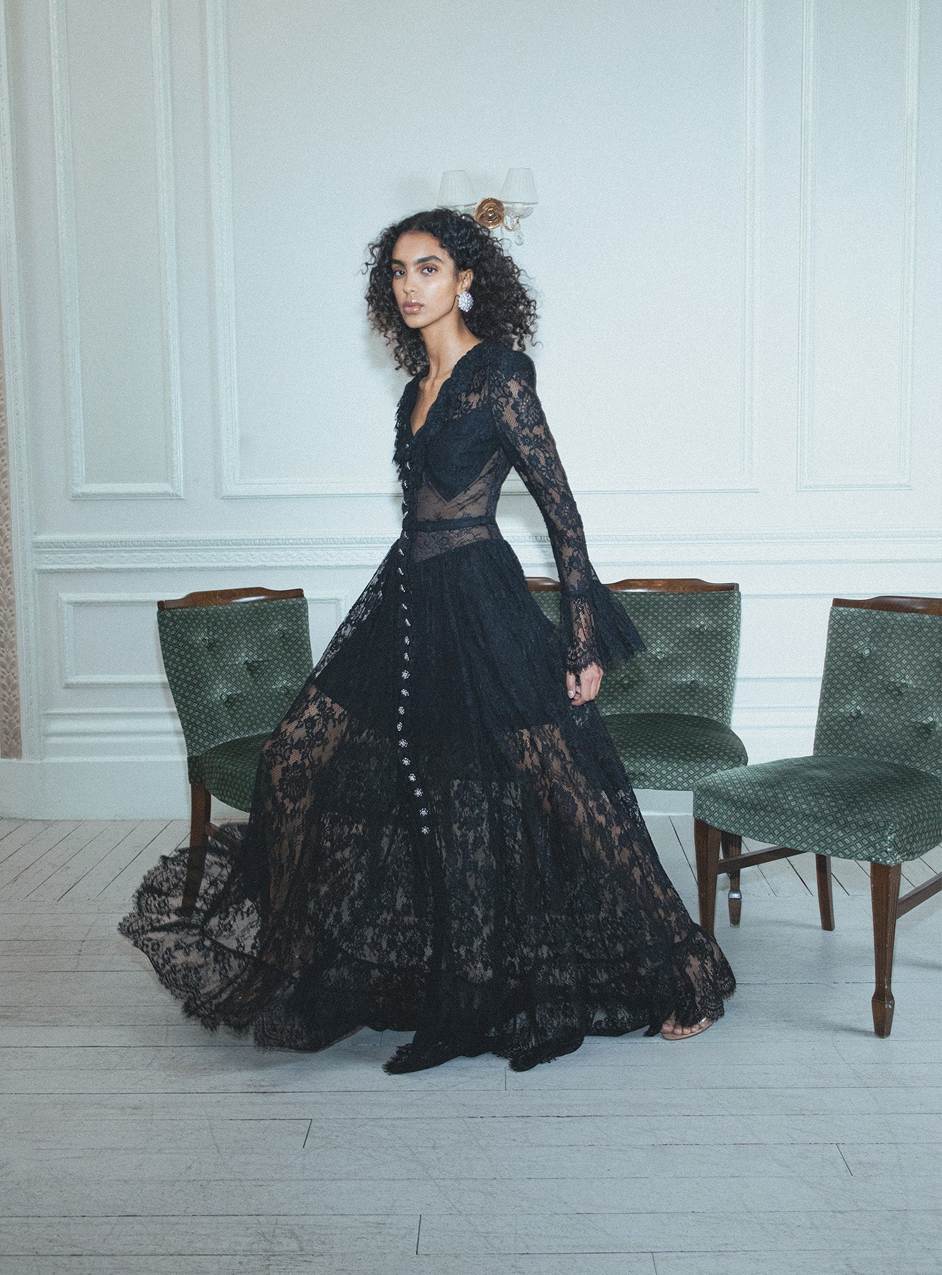 Black Lace Ruffle Maxi Dress – self-portrait-EU