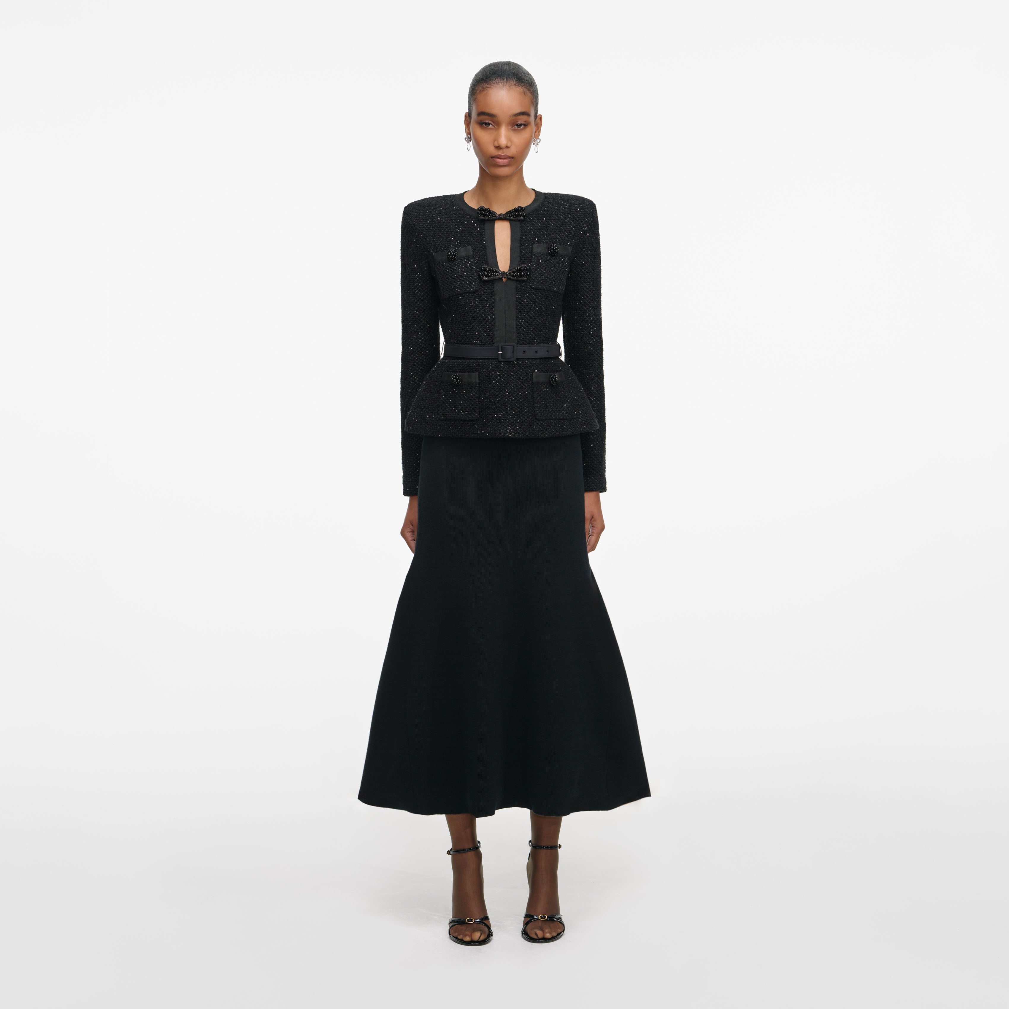 Black Sequin Knit Tailored Midi Dress