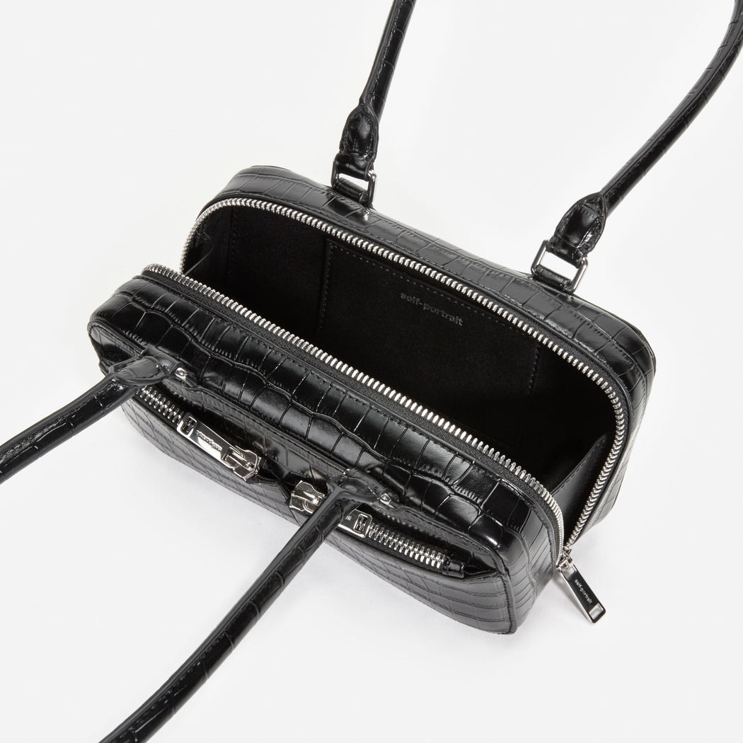 Black Croc Leather Mini Shoulder Bag