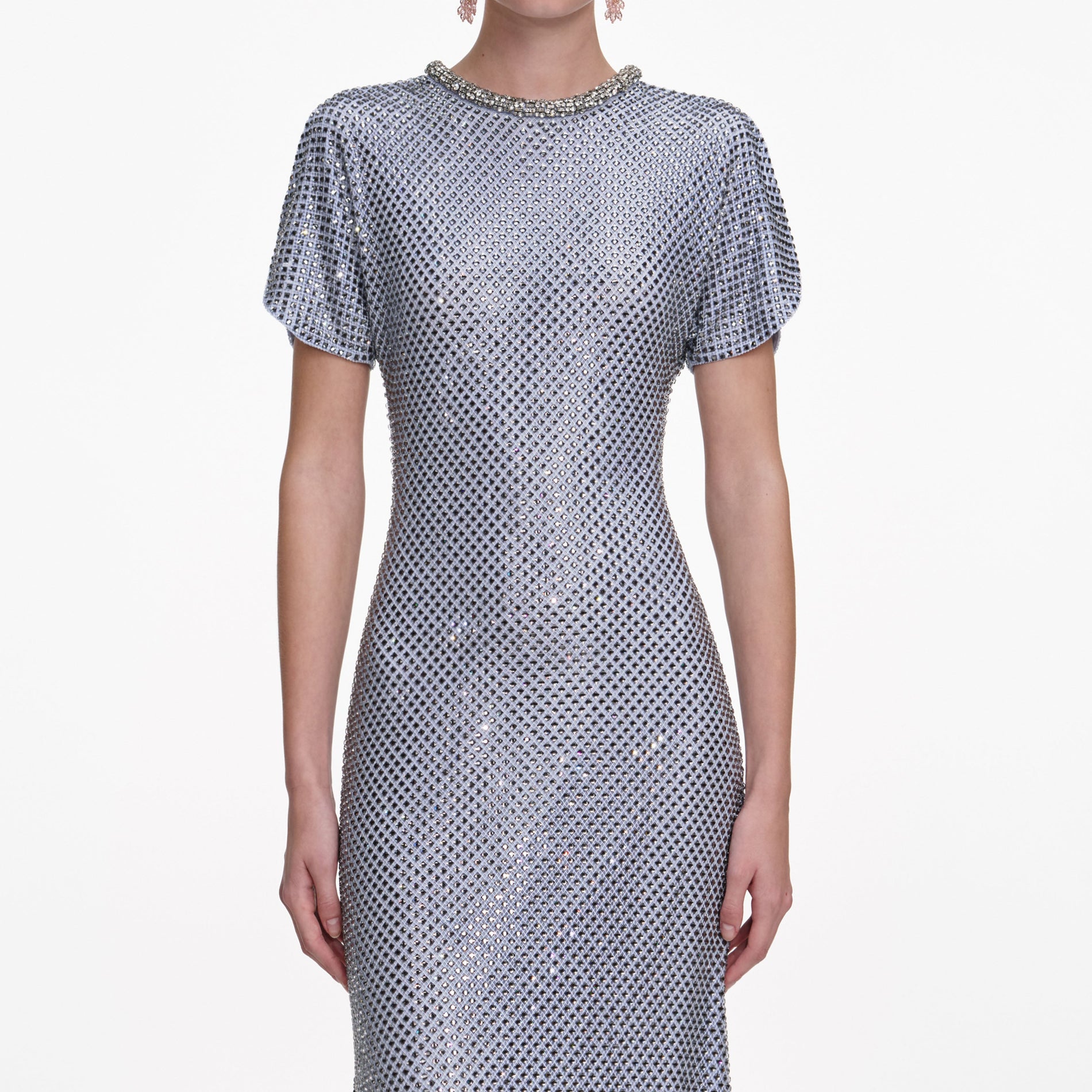 A close up of a woman wearing the Blue Rhinestone Mesh Midi Dress