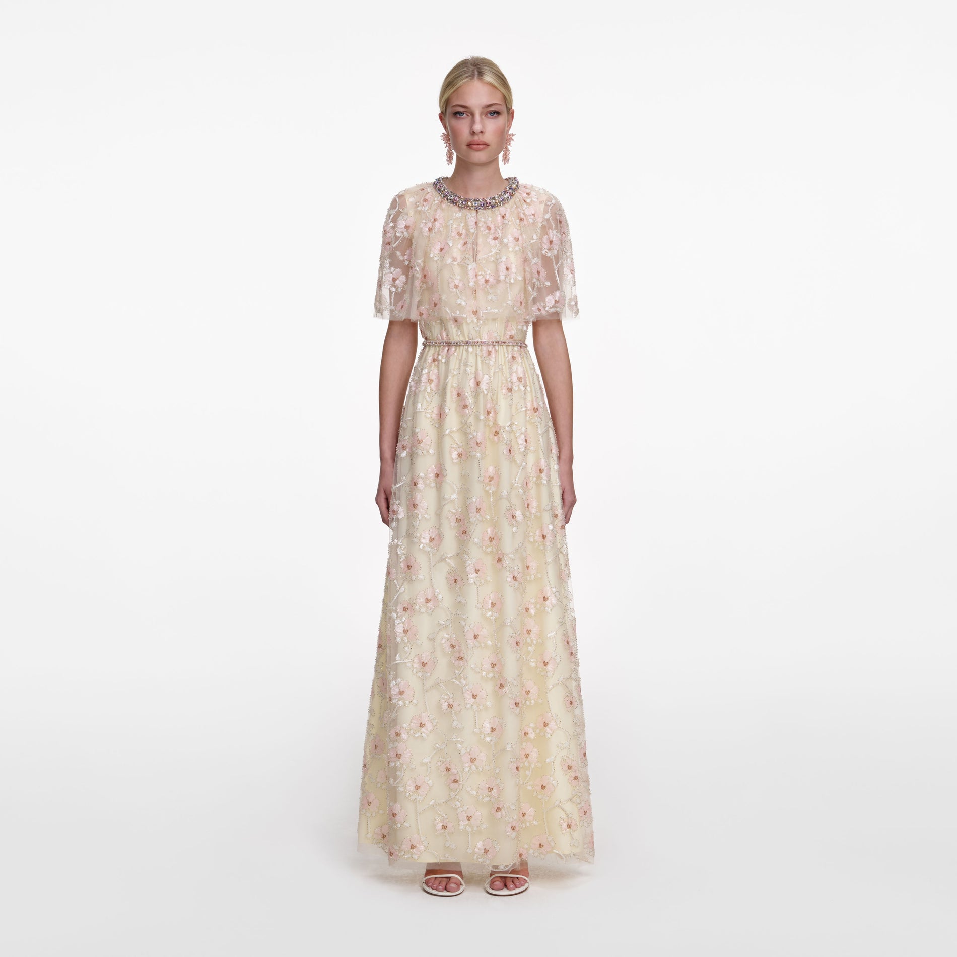 Front view of a woman wearing the Champagne Floral Embellished Maxi Dress