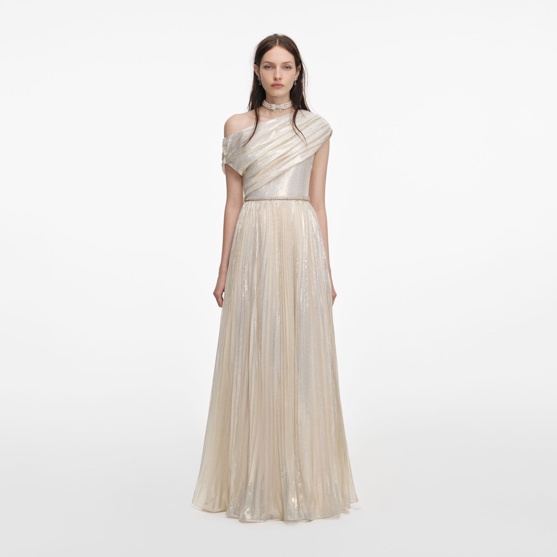 Front view of a woman wearing the Champagne Metallic Chiffon Maxi Dress