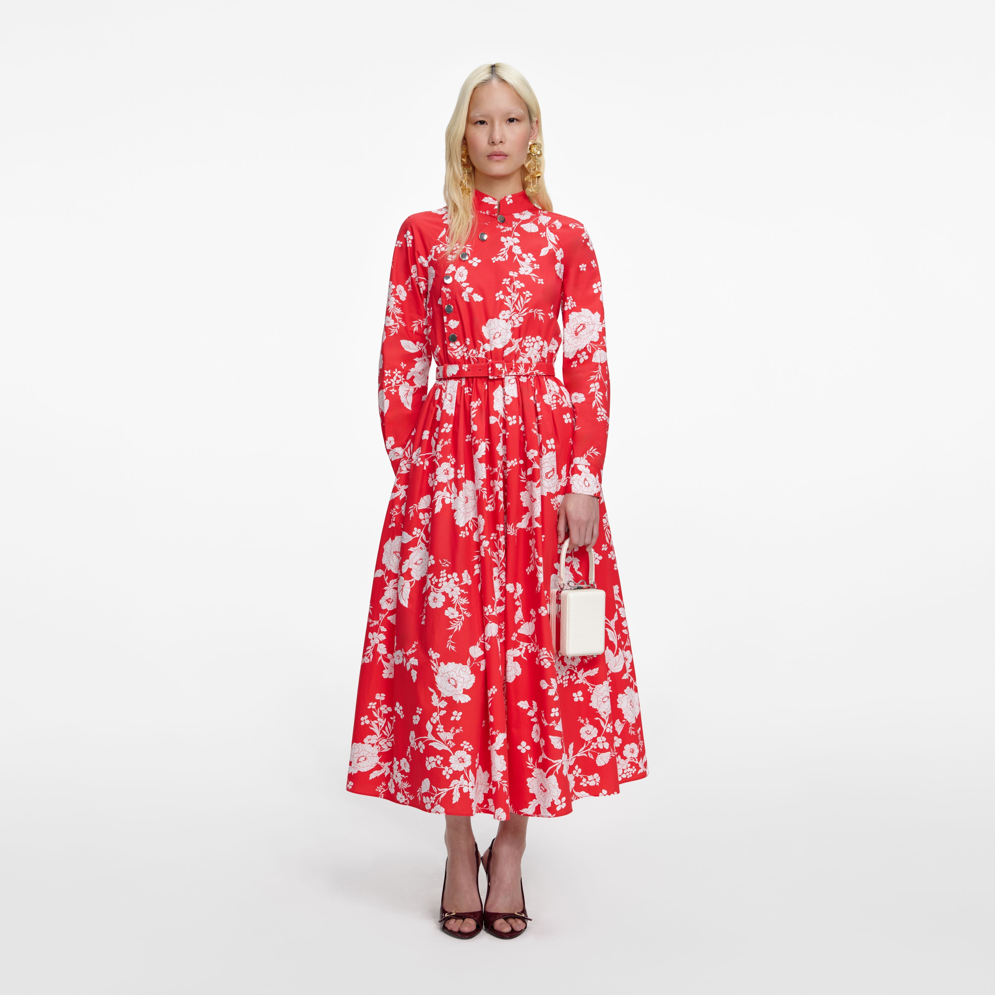 Red Floral Cotton Midi Dress