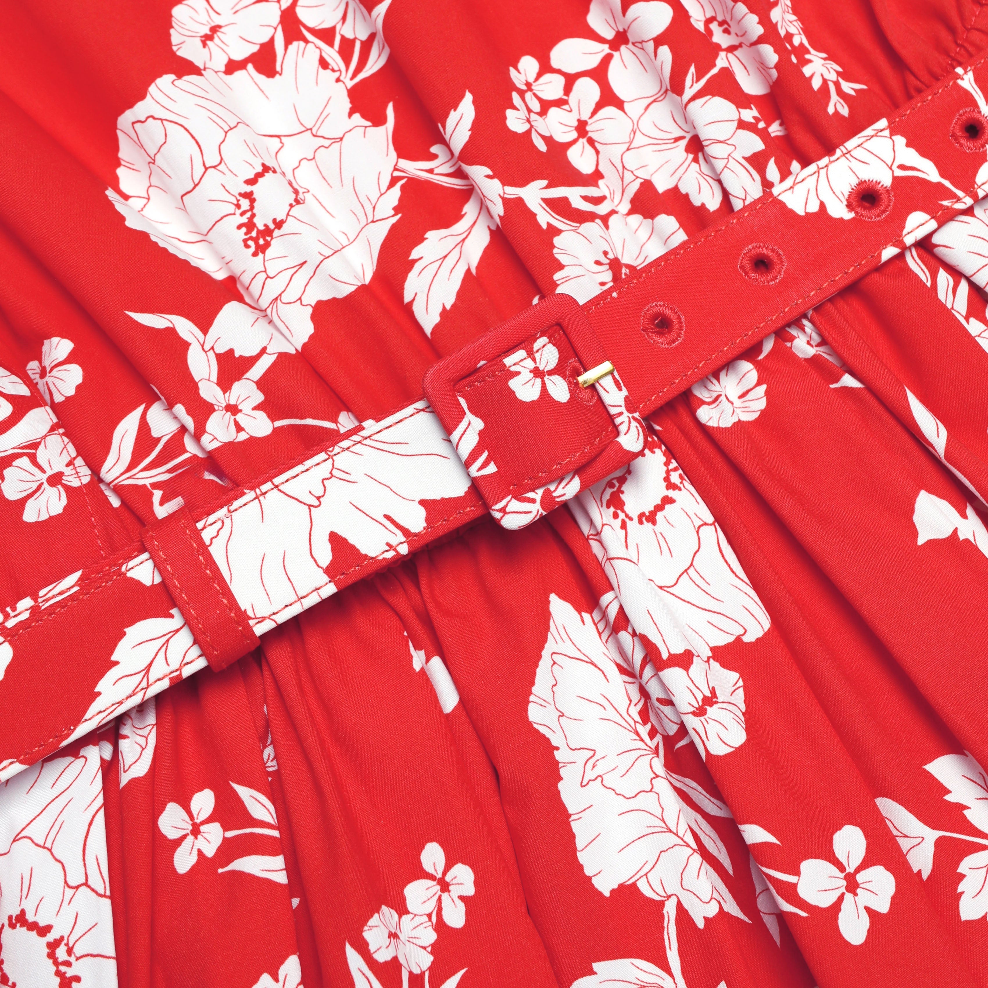 Red Floral Cotton Midi Dress