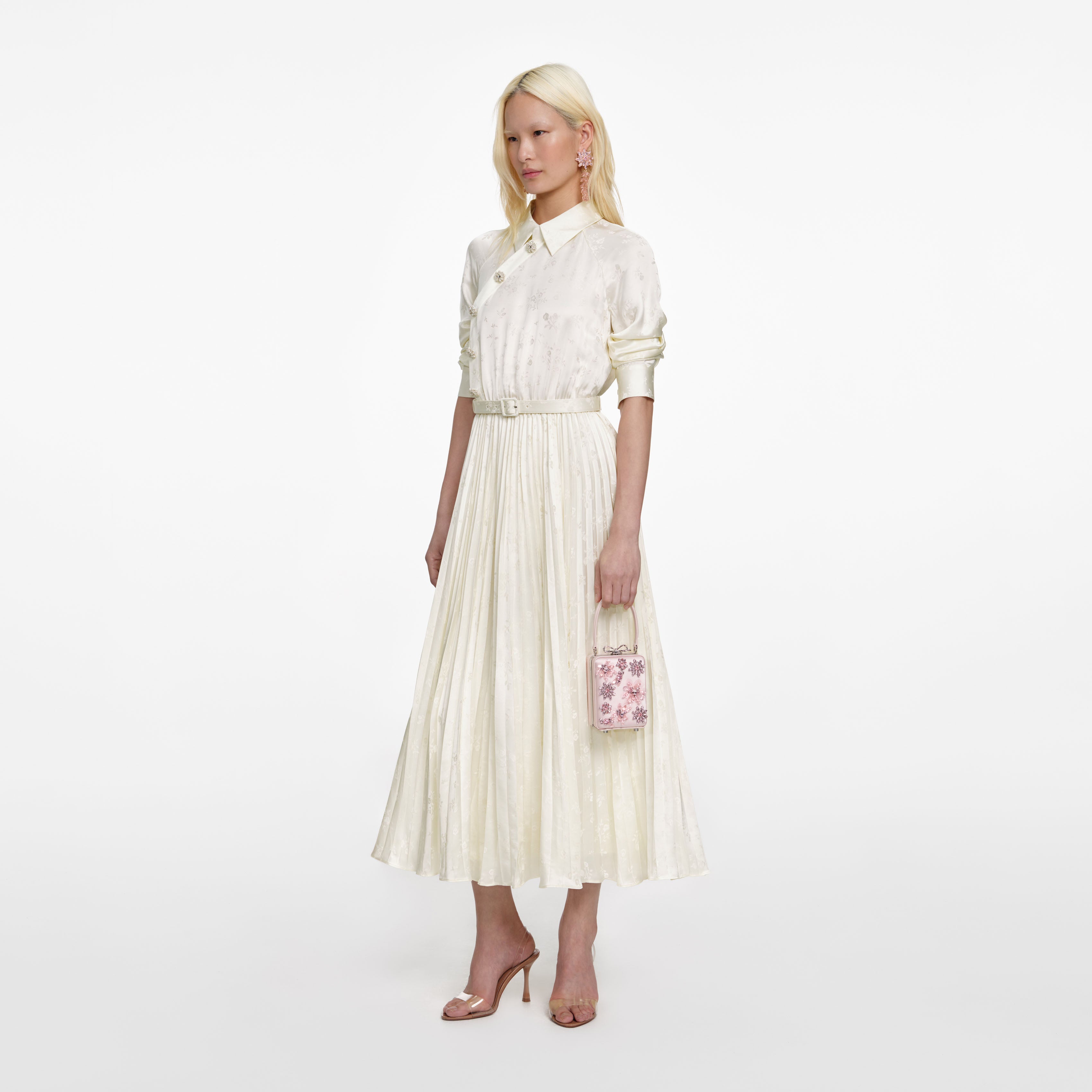 Cream Satin Jacquard Midi Dress