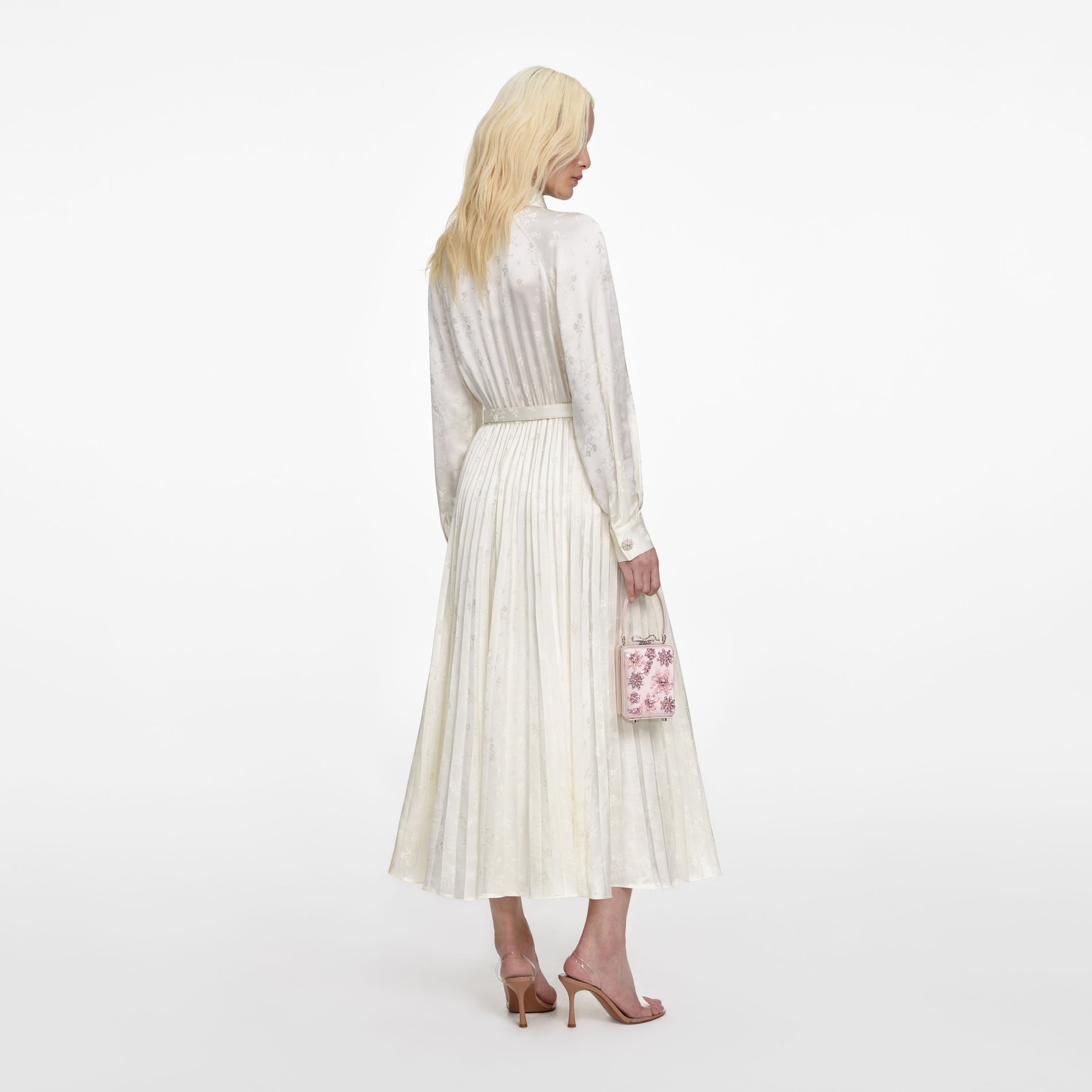 Back view of a woman wearing the Cream Satin Jacquard Midi Dress