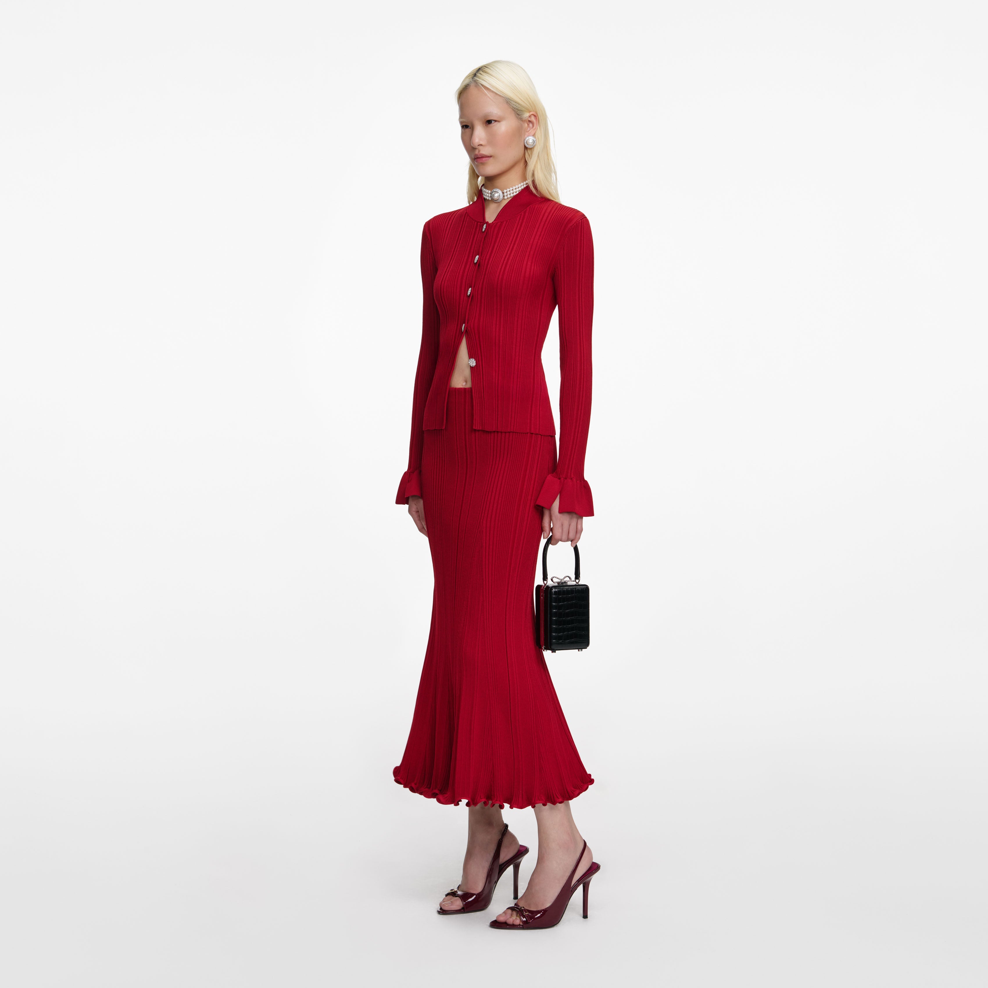 Red Viscose Knit Midi Skirt