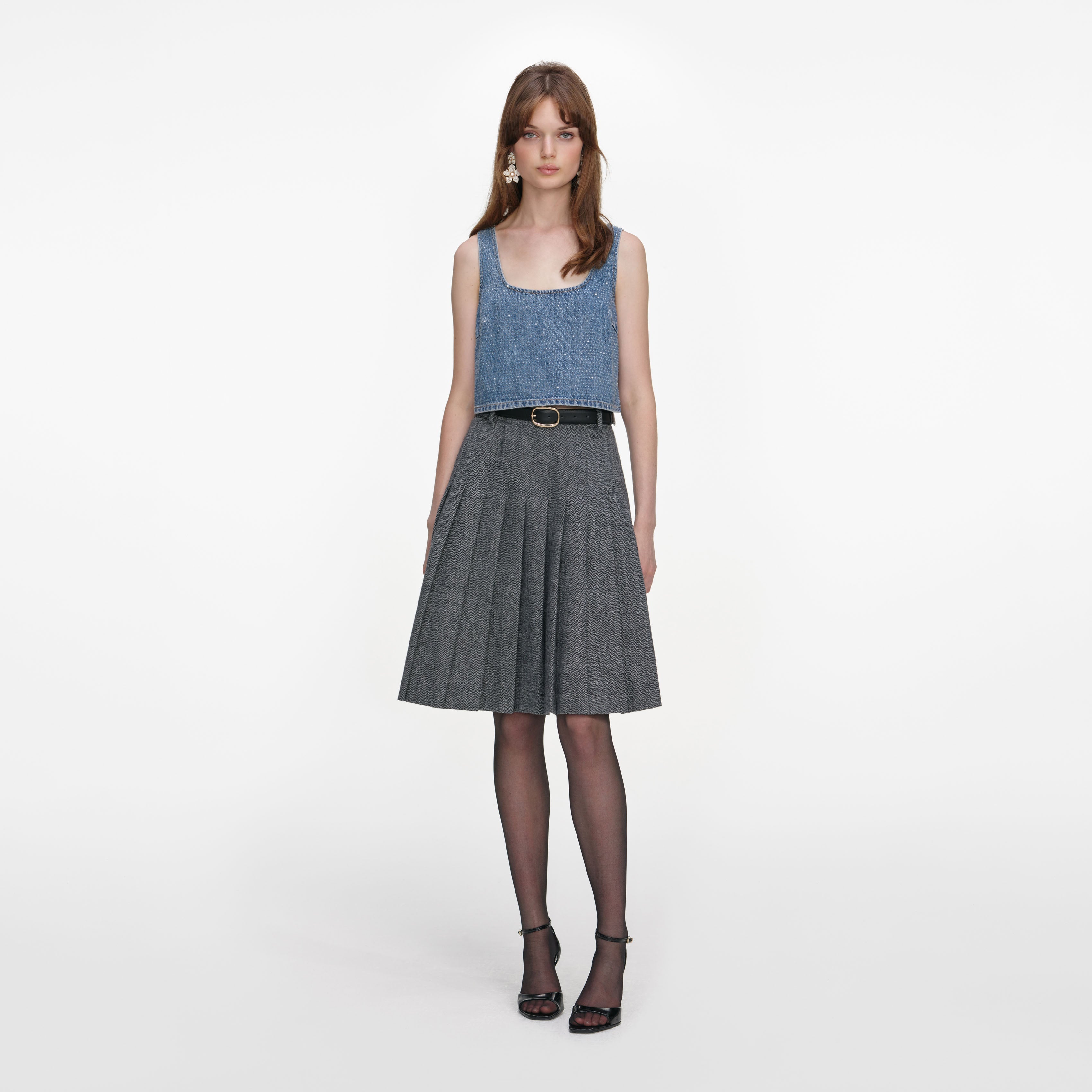 Grey Herringbone Pleated Midi Skirt – self-portrait-EU