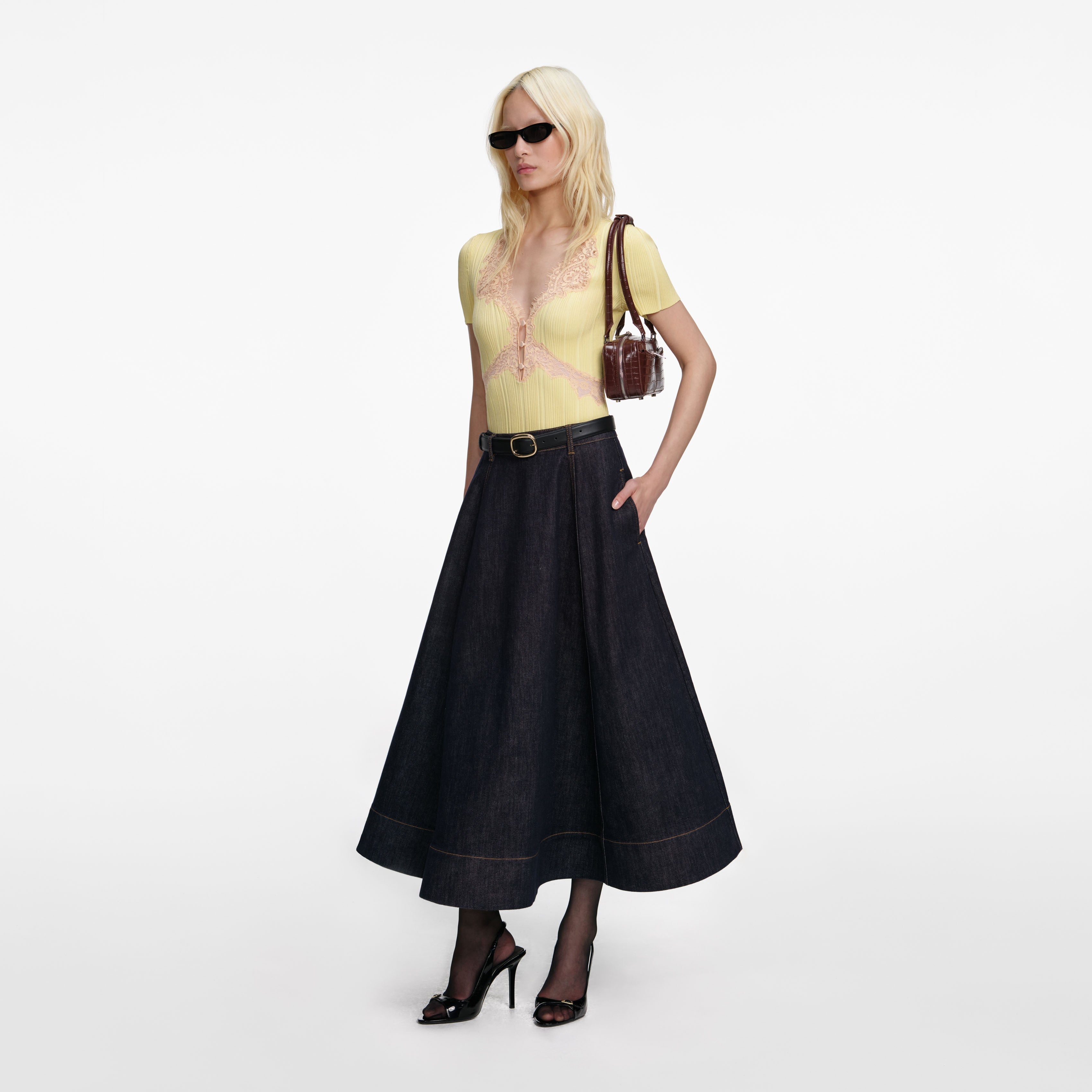 Indigo Denim Flared Midi Skirt