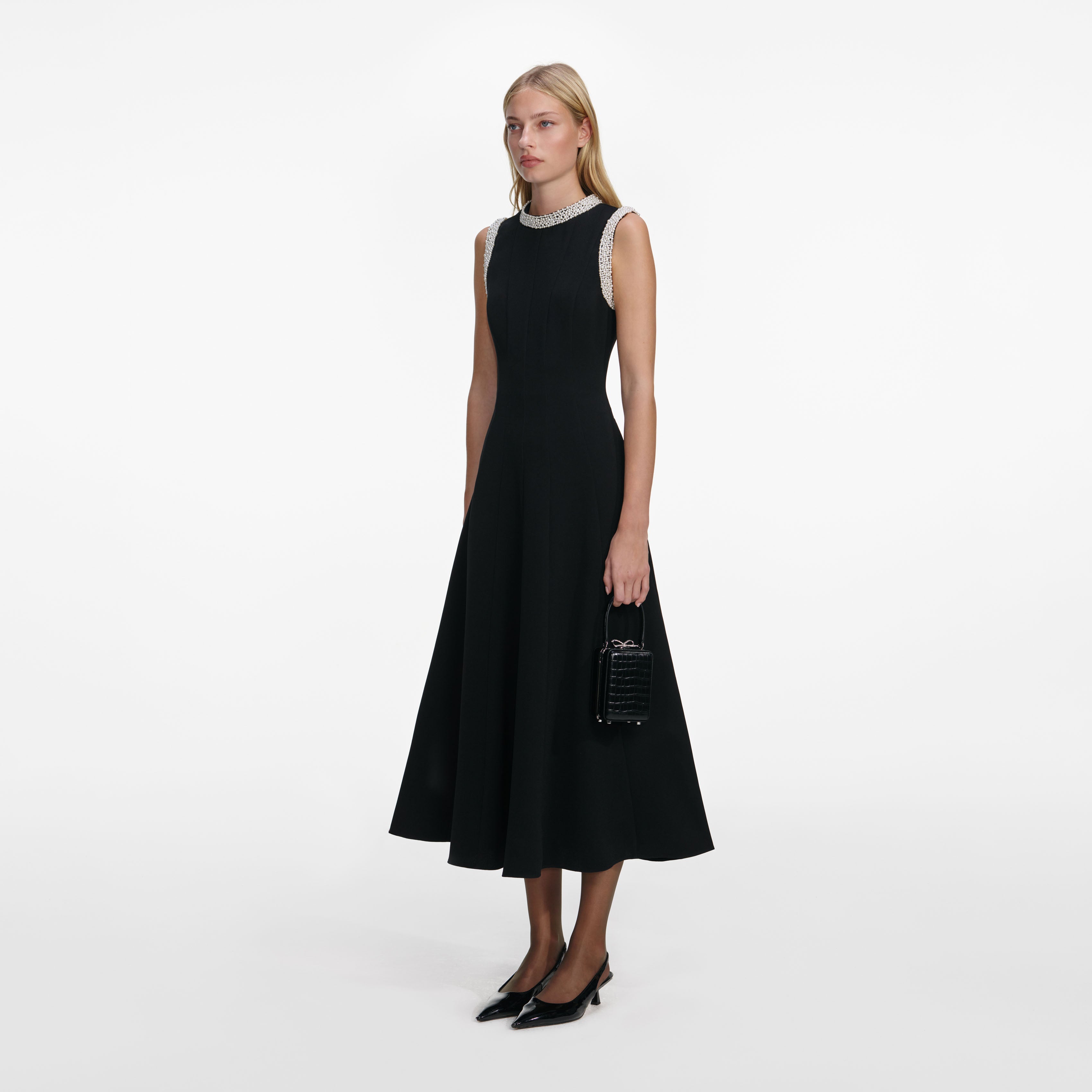 Black Crepe Pearl Trim Midi Dress