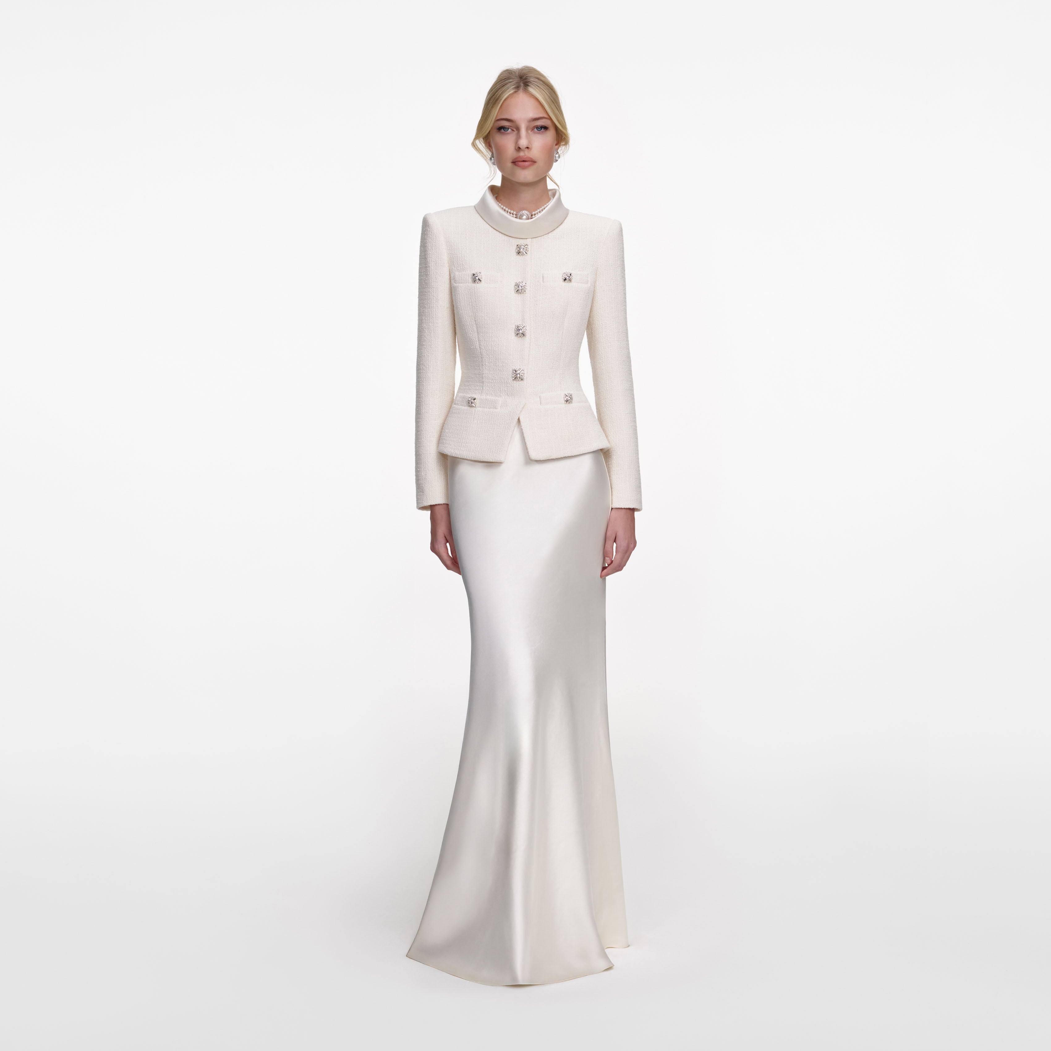 Cream Boucle Collared Maxi Dress