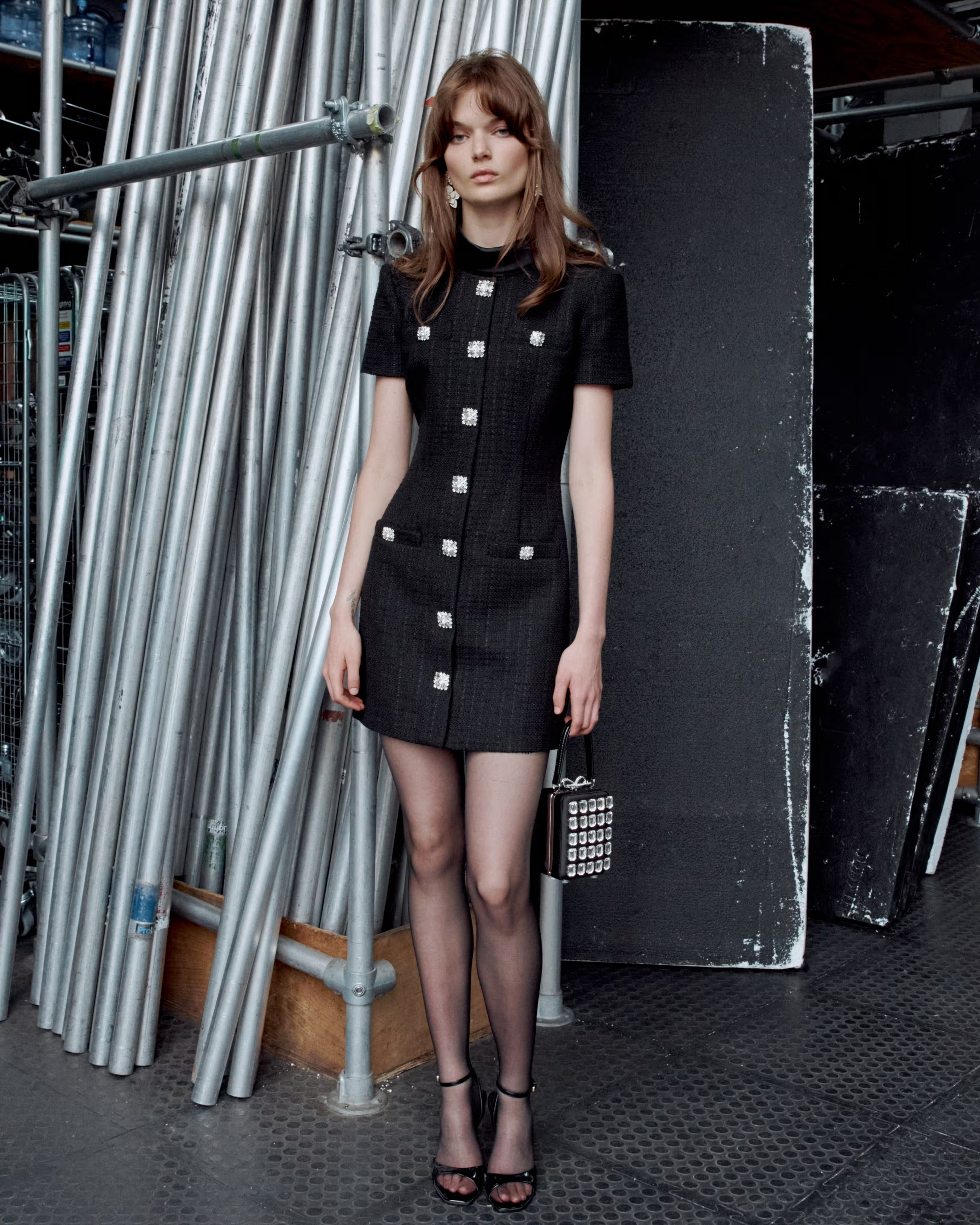 Black Boucle Collared Mini Dress