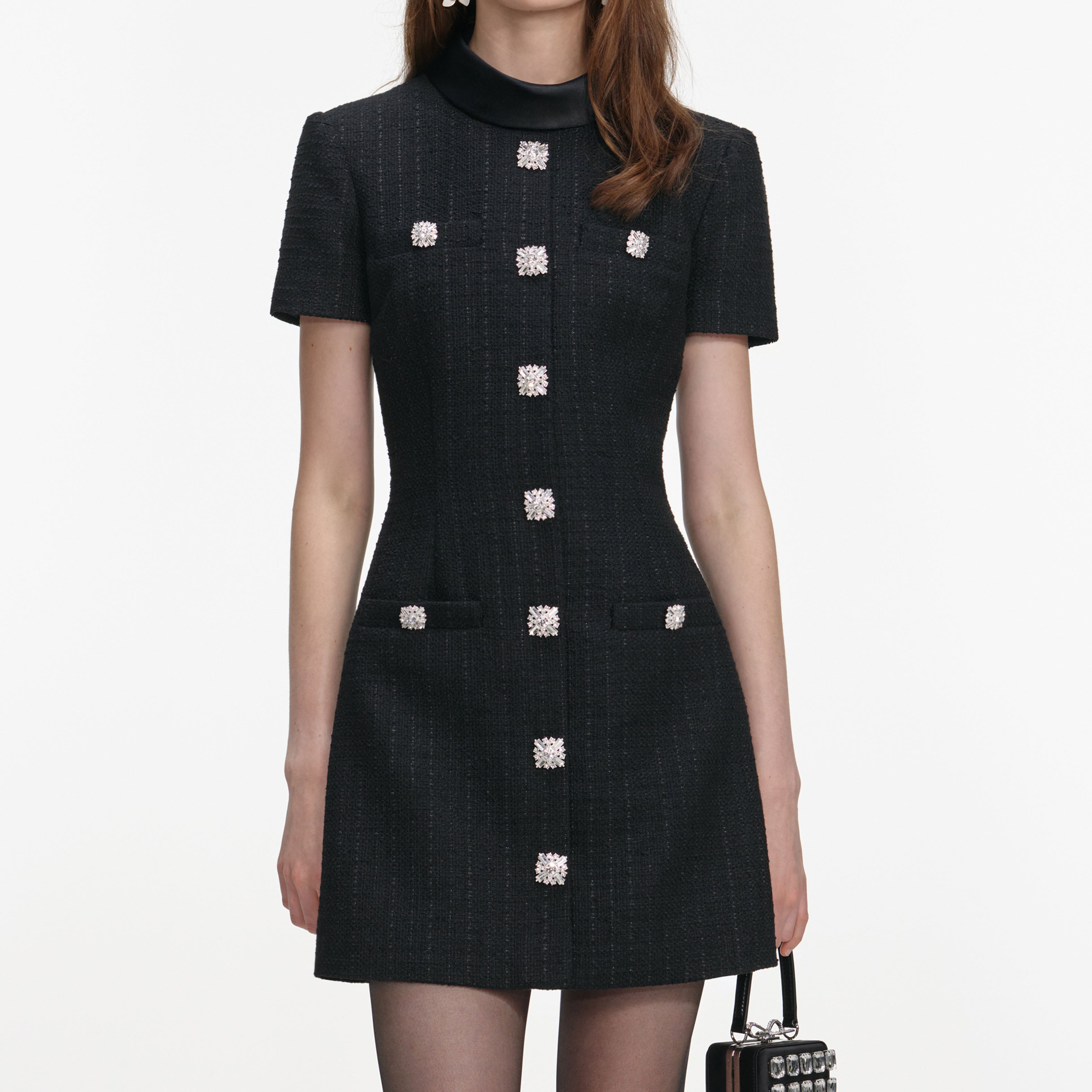 Black Boucle Collared Mini Dress