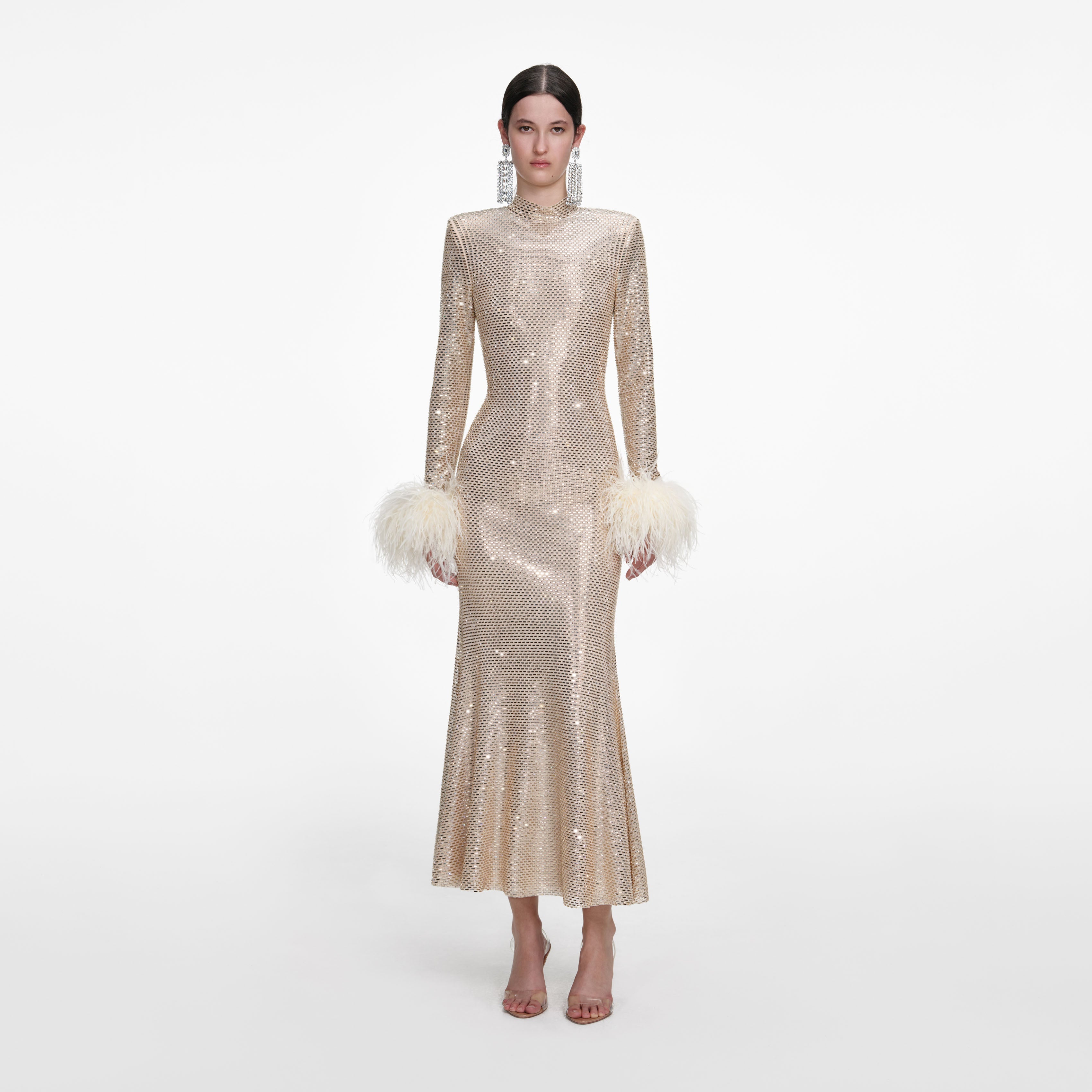 Champagne Rhinestone Feather Midi Dress