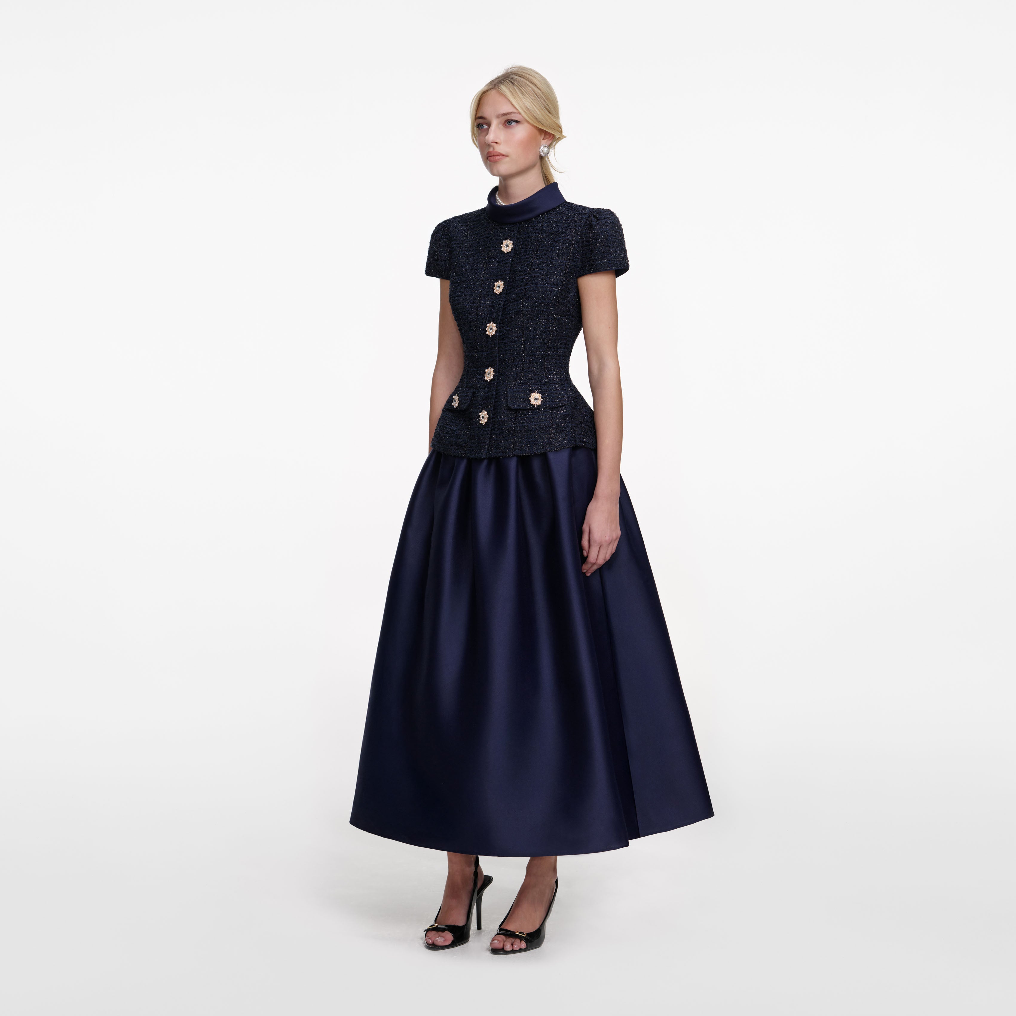 Navy Metallic Boucle Taffeta Midi Dress