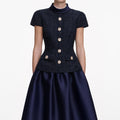 Navy Metallic Boucle Taffeta Midi Dress
