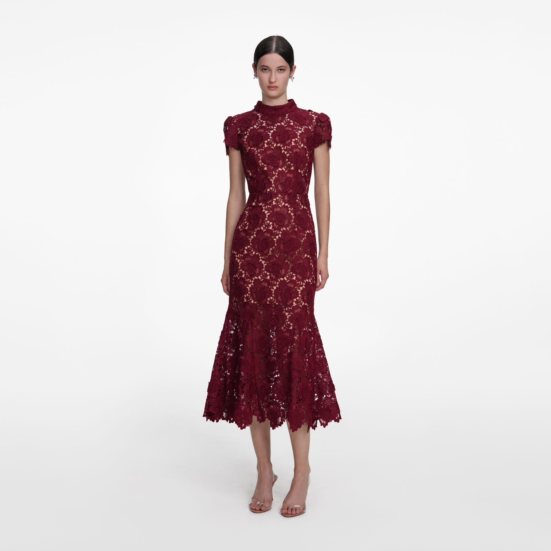 Front view of a woman wearing the Burgundy Flower Lace Midi Dress