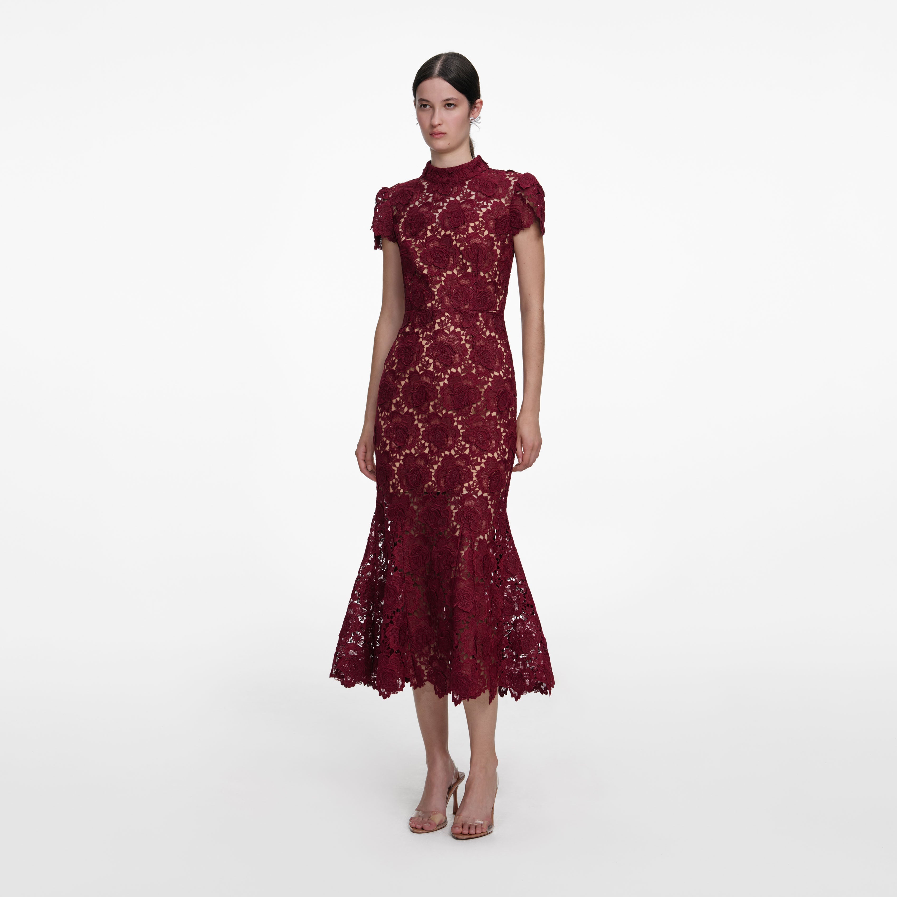 Burgundy Flower Lace Midi Dress
