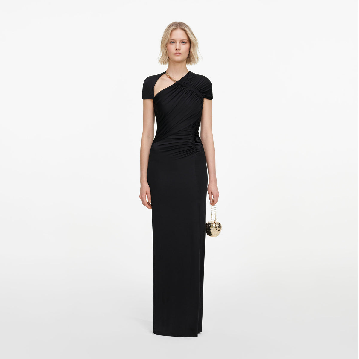 Front view of a woman wearing the Black Jersey Draped Maxi Dress