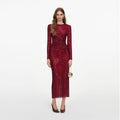 Burgundy Rhinestone Gathered Midi Dress