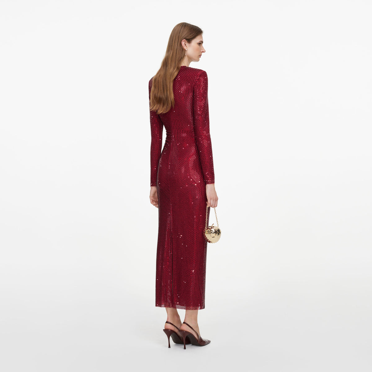 Back view of a woman wearing the Burgundy Rhinestone Gathered Midi Dress