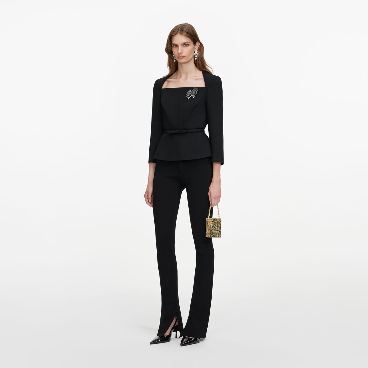 Black Tailored Brooch Top