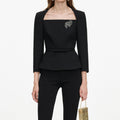 Black Tailored Brooch Top