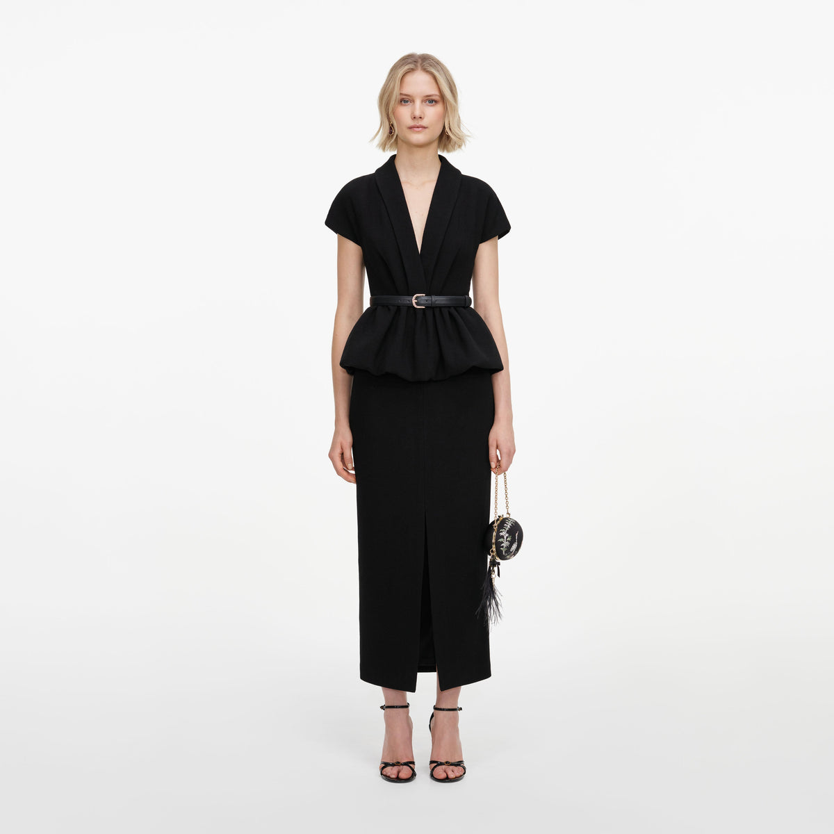 Black Crepe Peplum Midi Dress