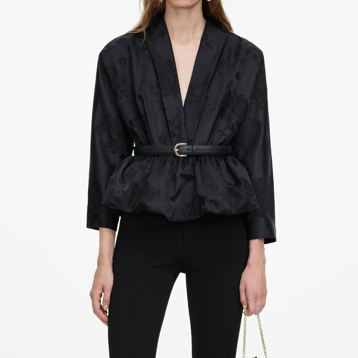 Black Jacquard Peplum Top