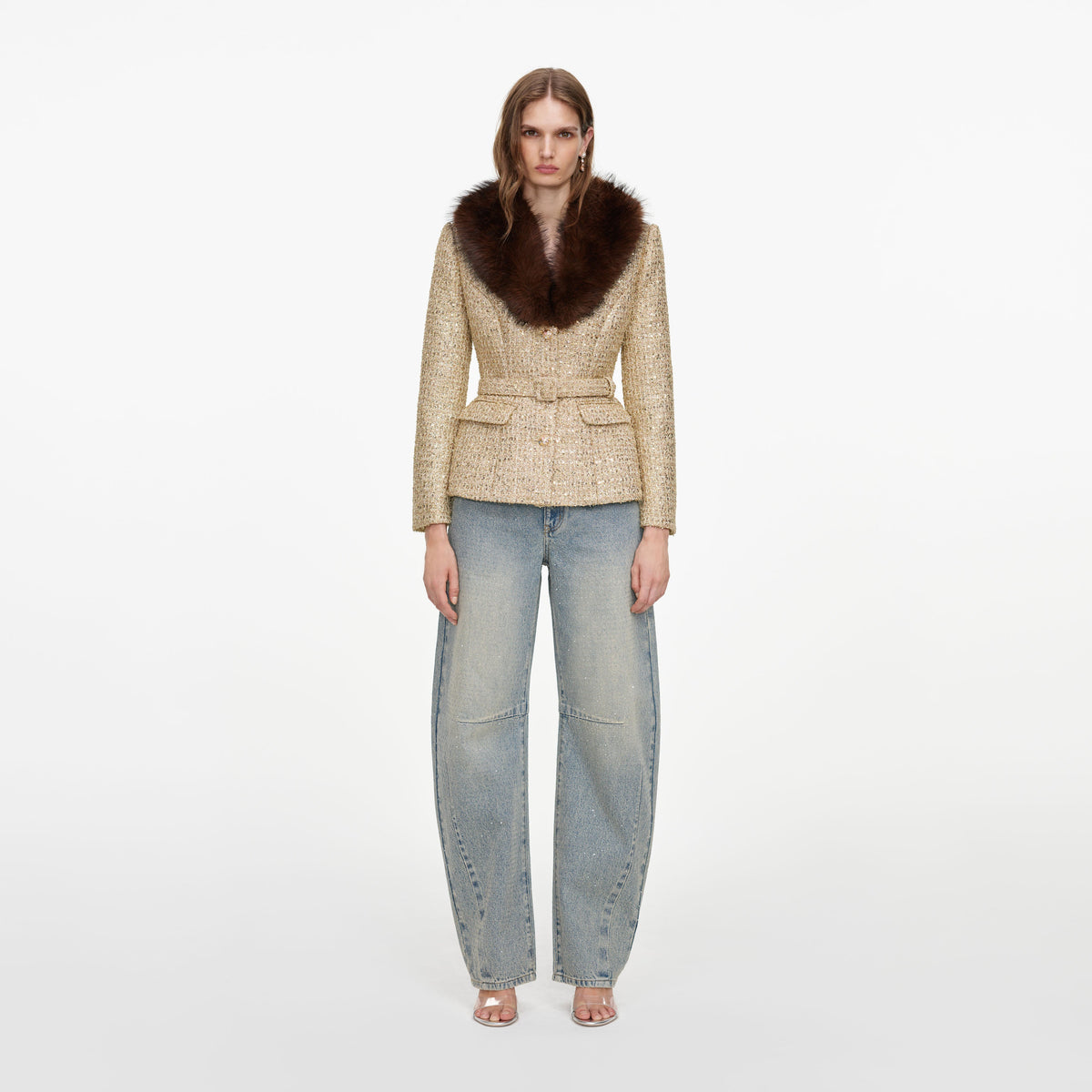 Front view of a woman wearing the Gold Sequin Boucle Fur Collar Jacket
