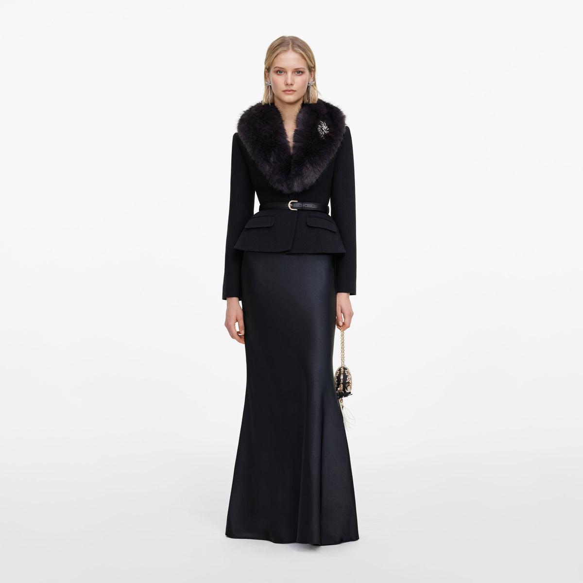 Front view of a woman wearing the Black Tailored Fur Collar Maxi Dress