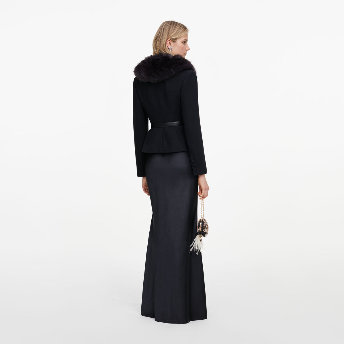 Back view of a woman wearing the Black Tailored Fur Collar Maxi Dress