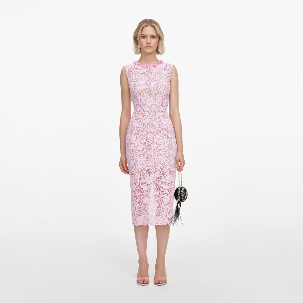 Front view of a woman wearing the Pink Lace Beaded Trim Midi Dress