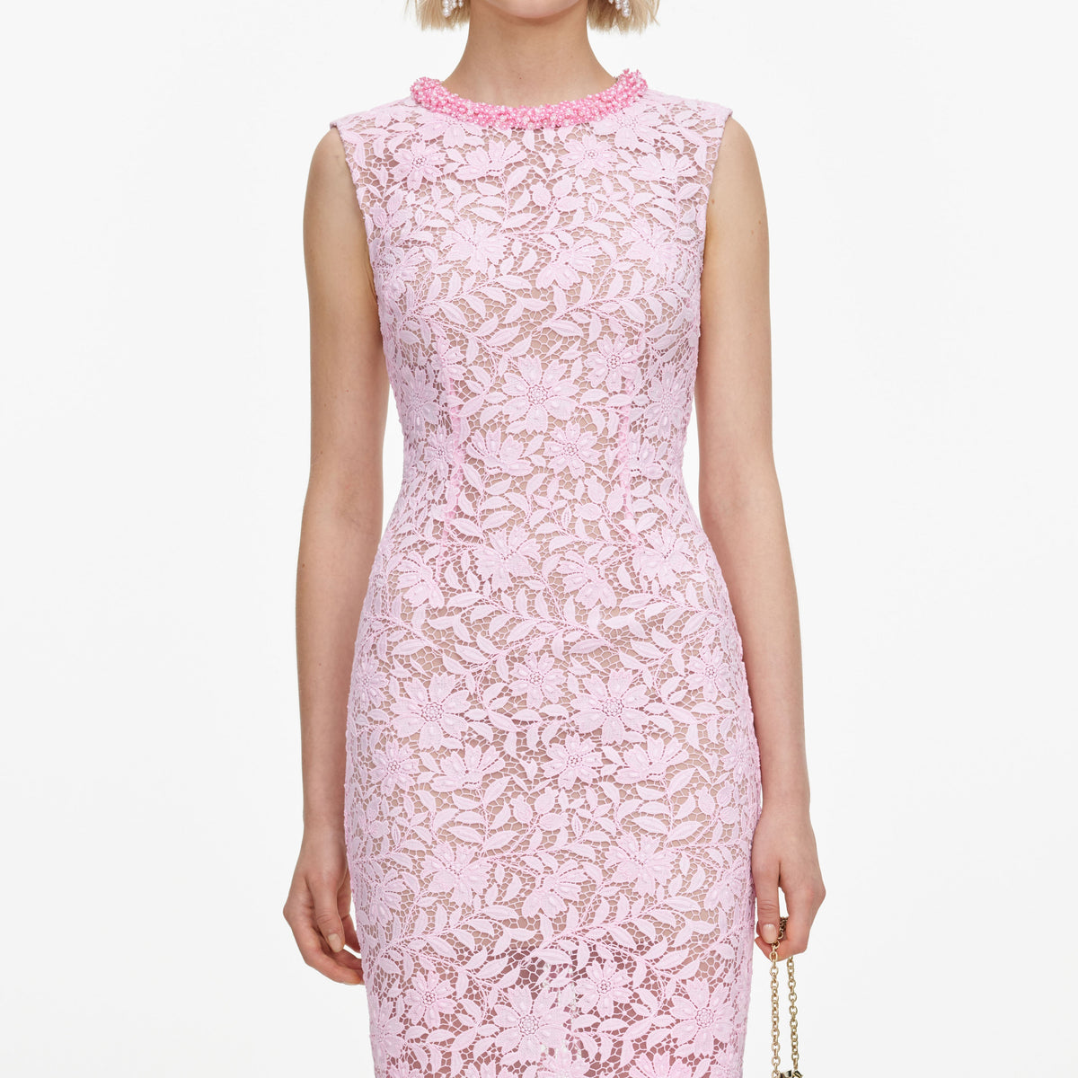 Pink Lace Beaded Trim Midi Dress