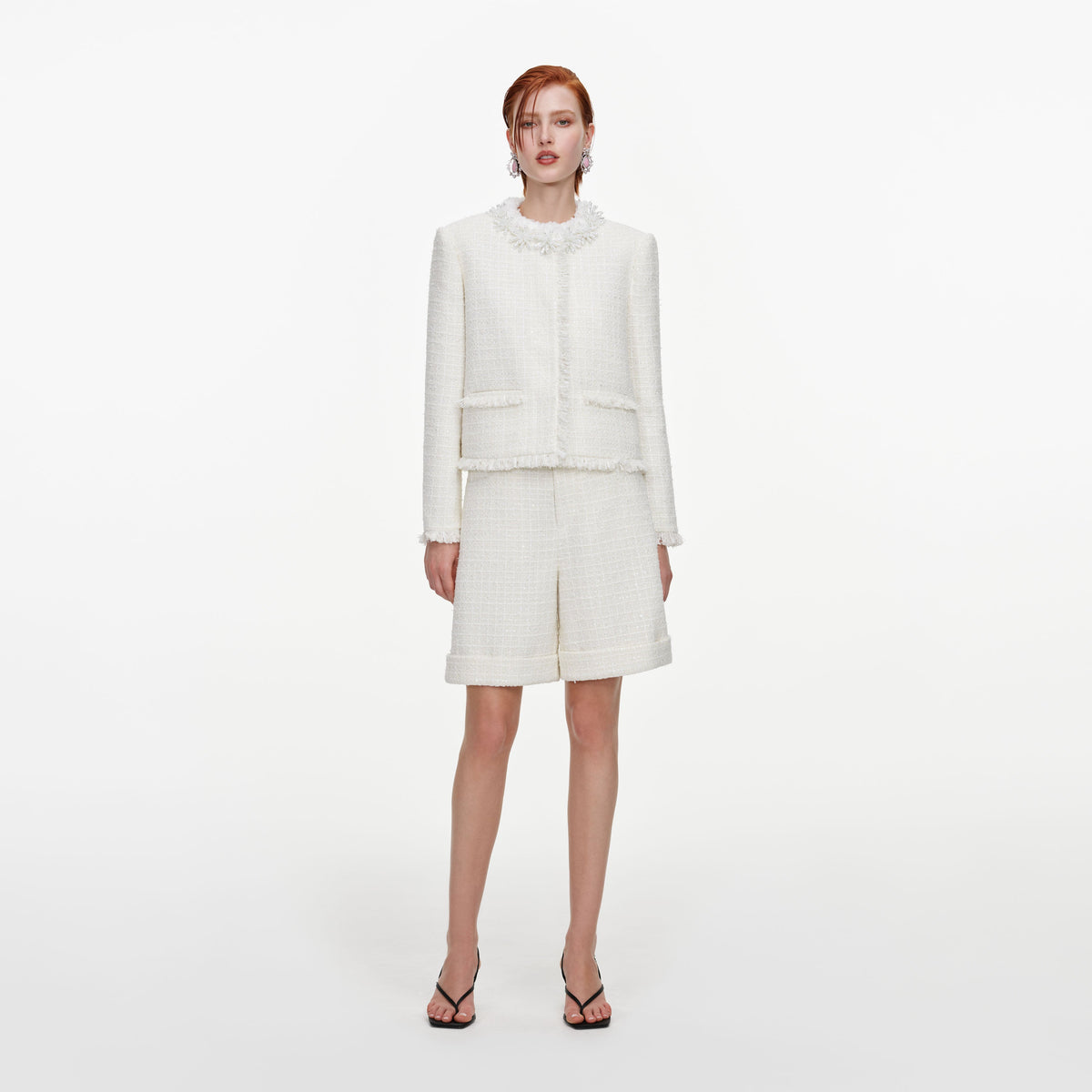 Cream Sequin Boucle Pearl Trim Jacket