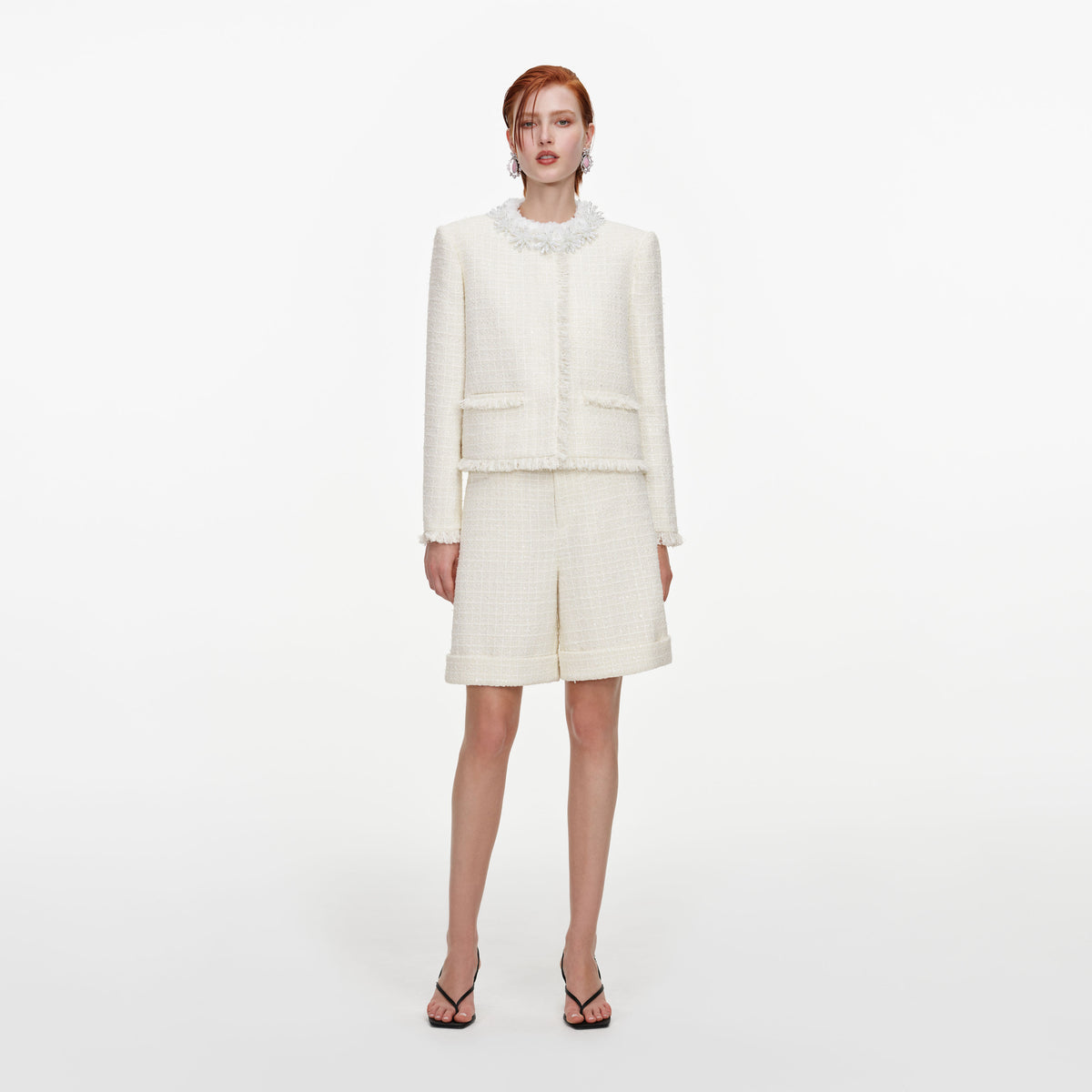 Cream Sequin Boucle Pearl Trim Jacket